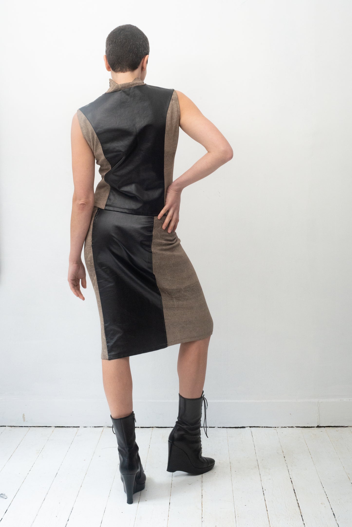 Krizia 90's stretchy skirt set with faux leather