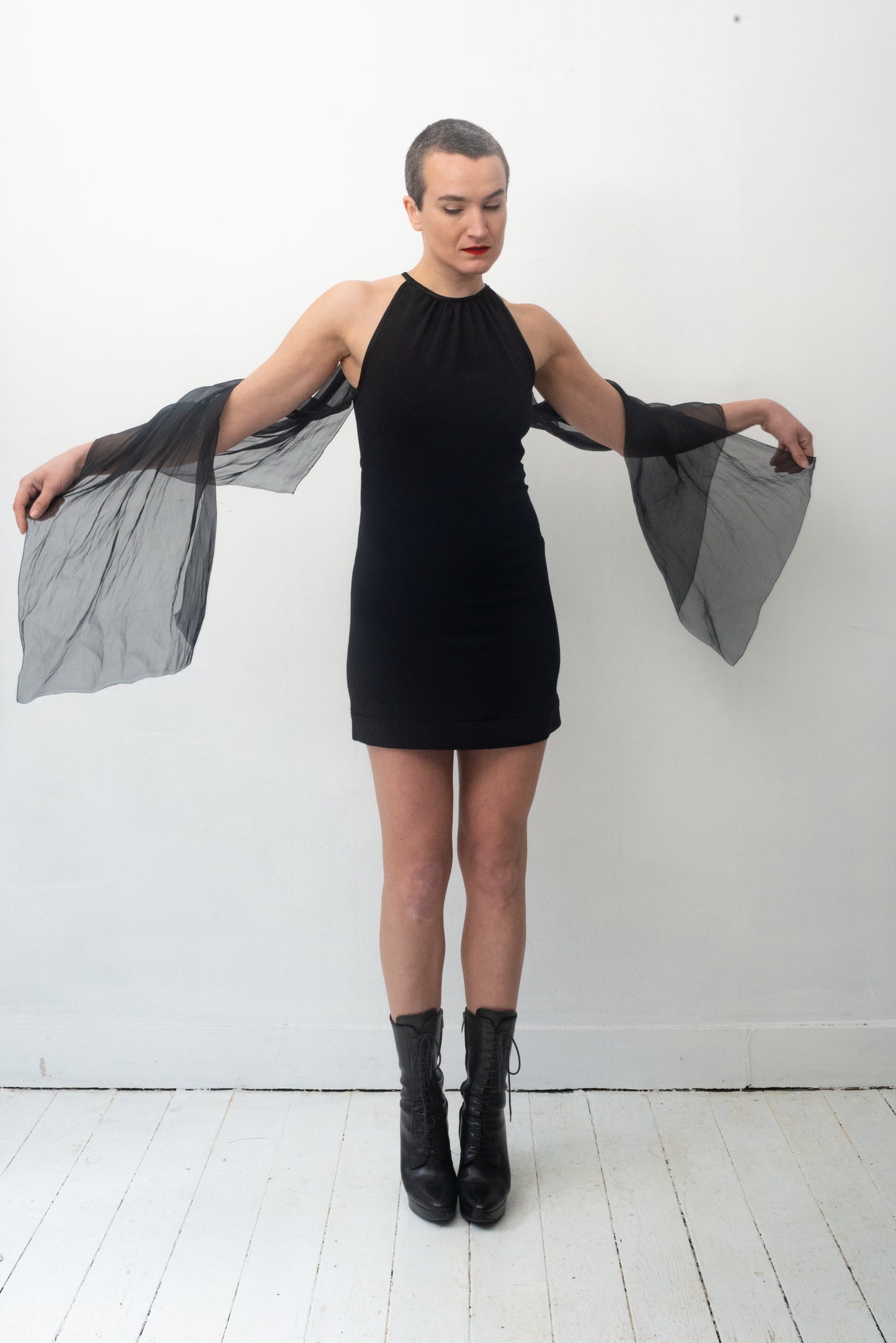 Prada SS 2009 black minidress with attached silk sheer shawls