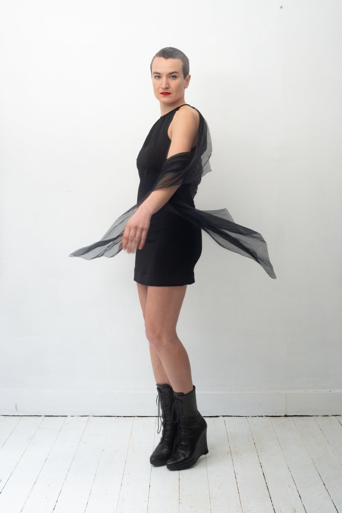 Prada SS 2009 black minidress with attached silk sheer shawls