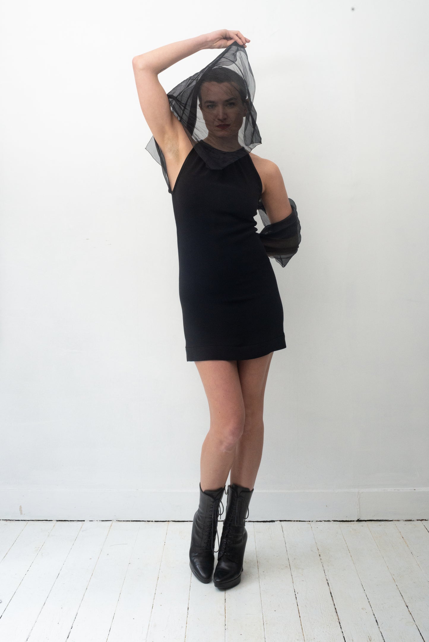 Prada SS 2009 black minidress with attached silk sheer shawls