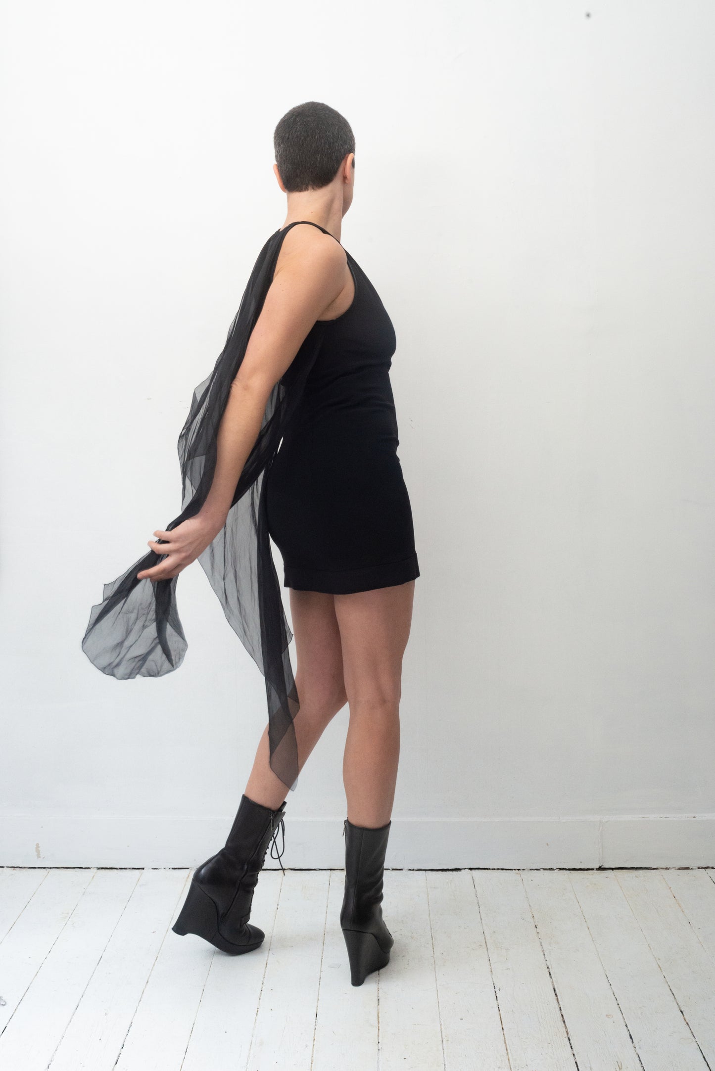 Prada SS 2009 black minidress with attached silk sheer shawls