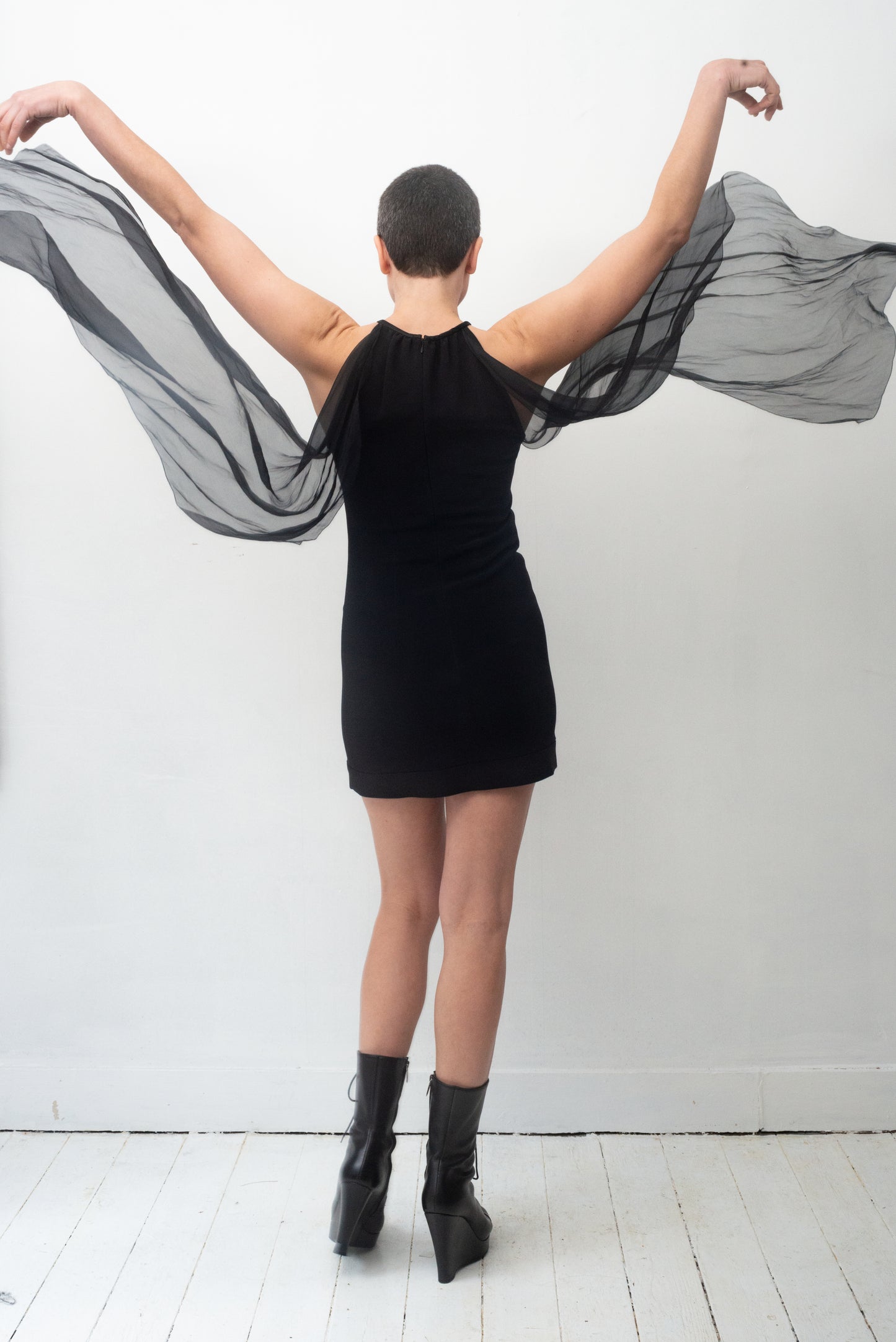 Prada SS 2009 black minidress with attached silk sheer shawls