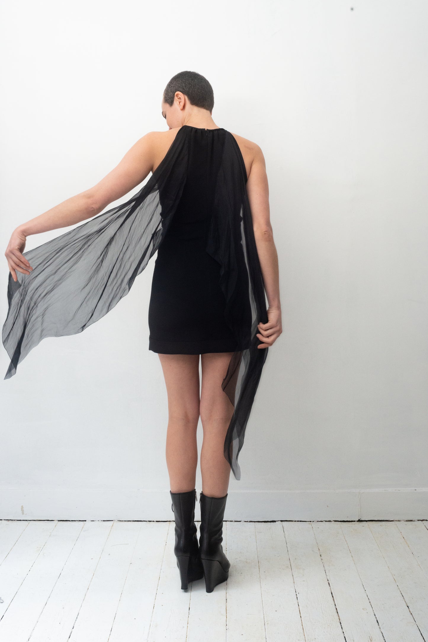 Prada SS 2009 black minidress with attached silk sheer shawls