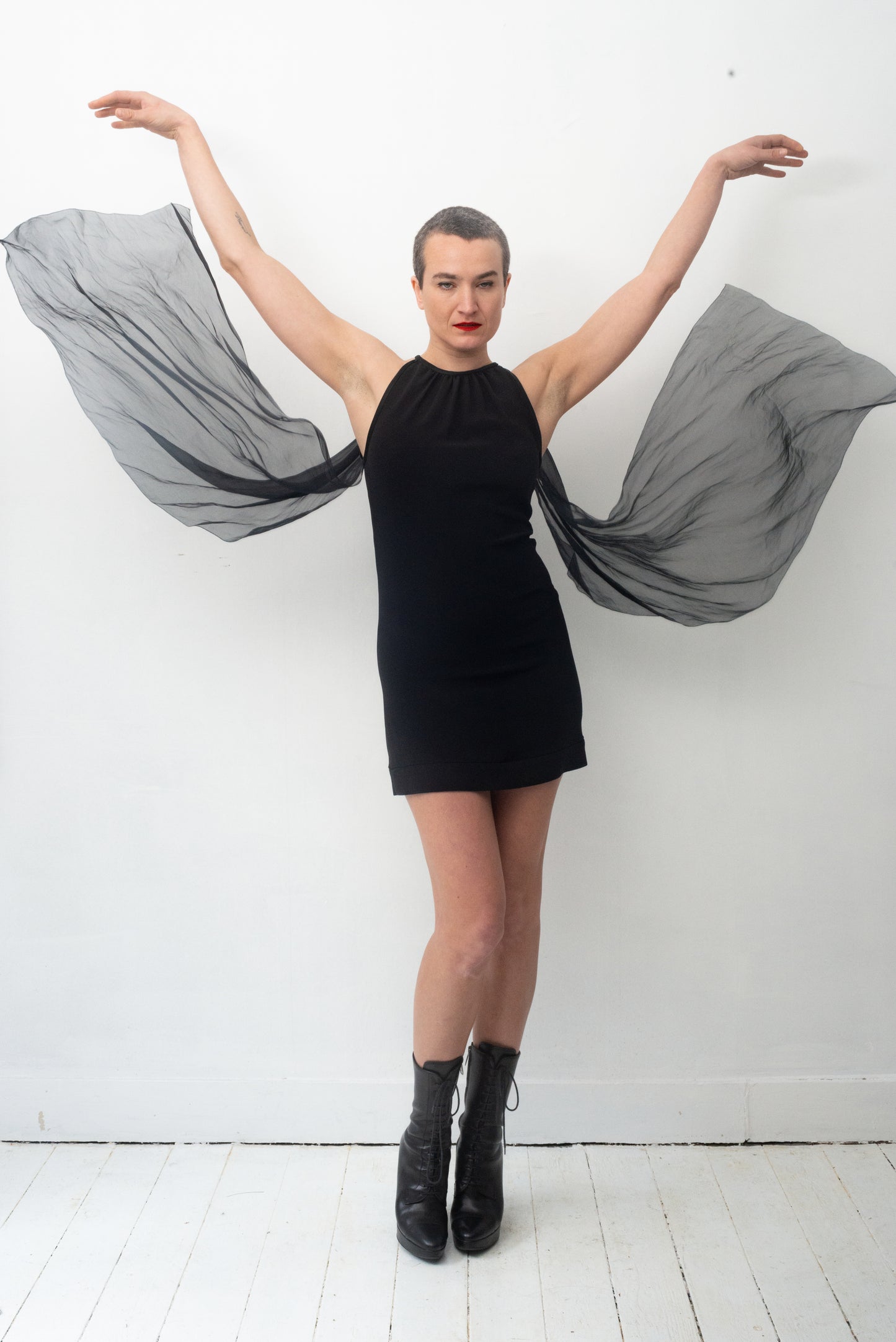 Prada SS 2009 black minidress with attached silk sheer shawls