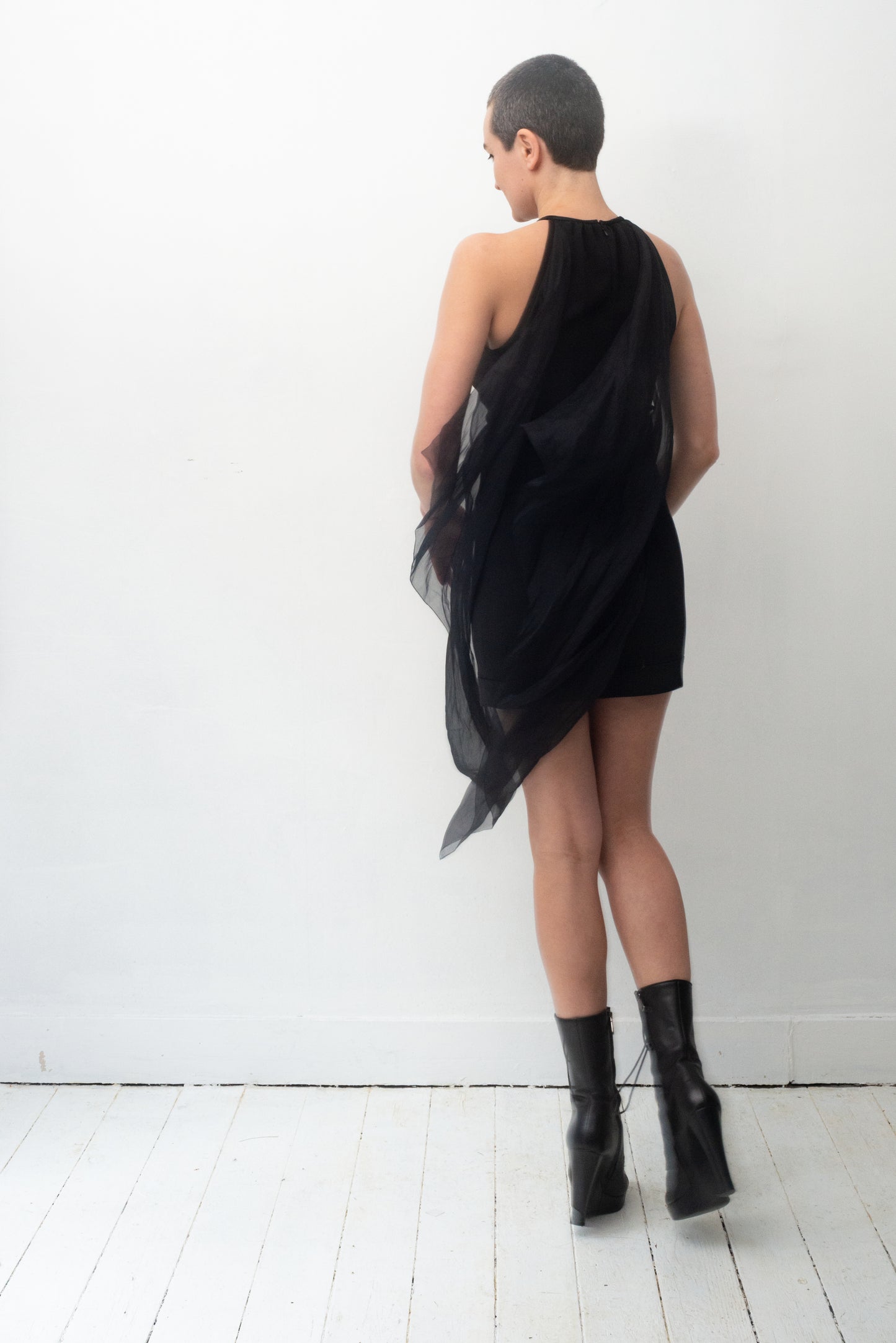 Prada SS 2009 black minidress with attached silk sheer shawls