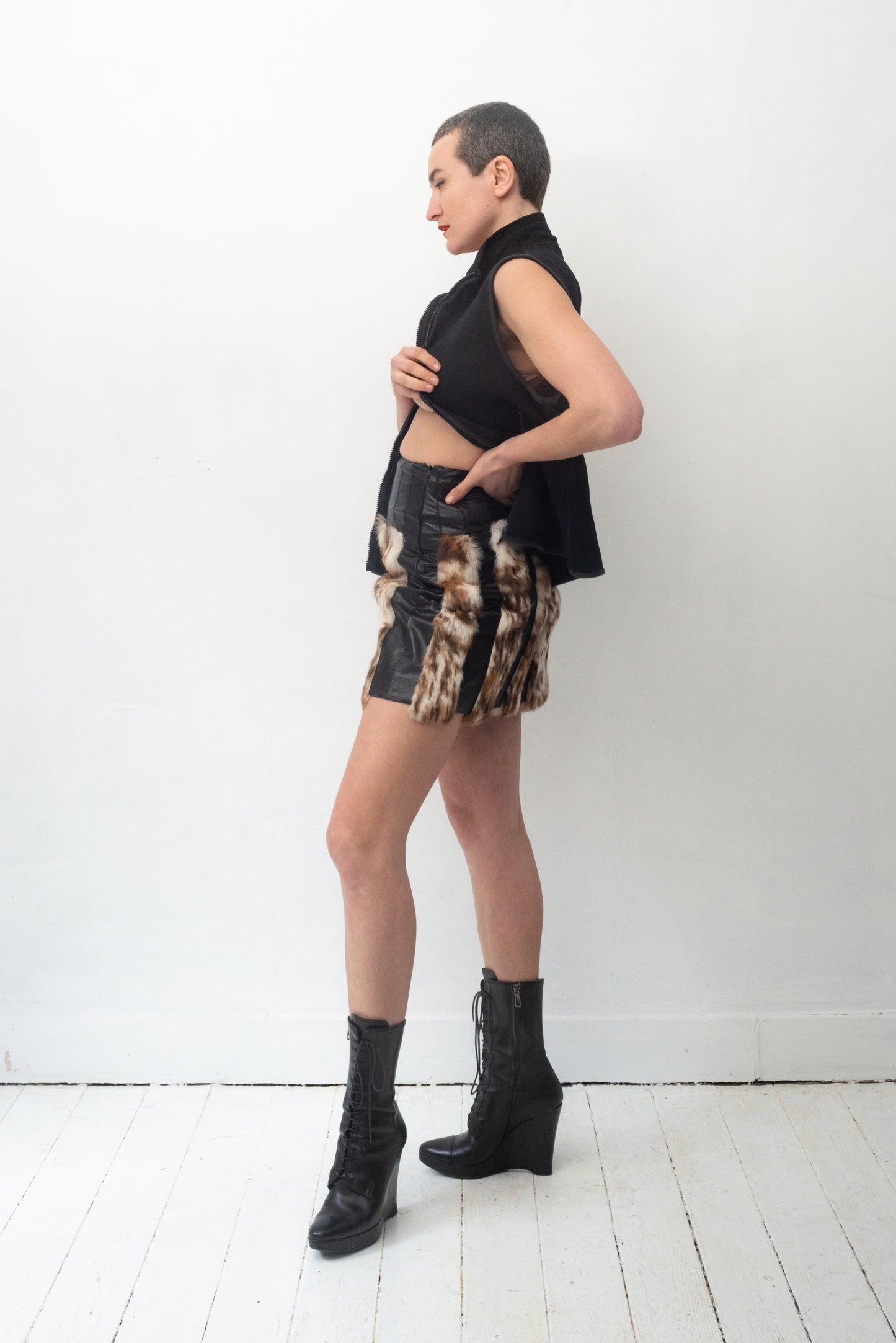 Versus Versace 90's leather and fur miniskirt