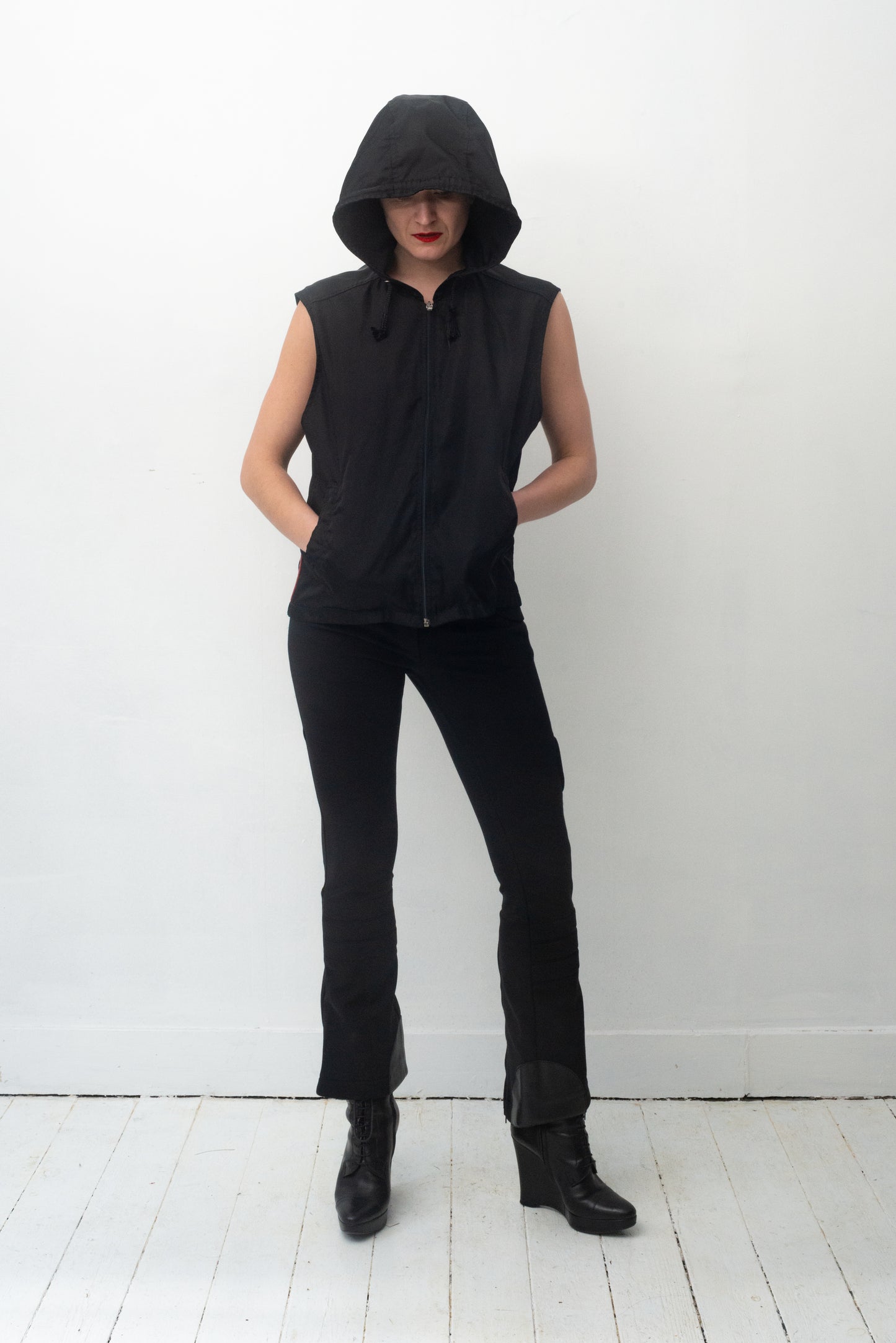 Prada 2000's black hooded sleeveless nylon jacket