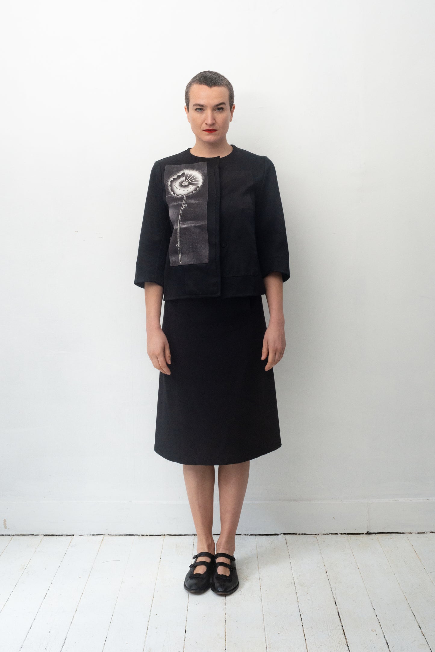 Prada SS 2013 cotton & wool black jacket with silk flower patch