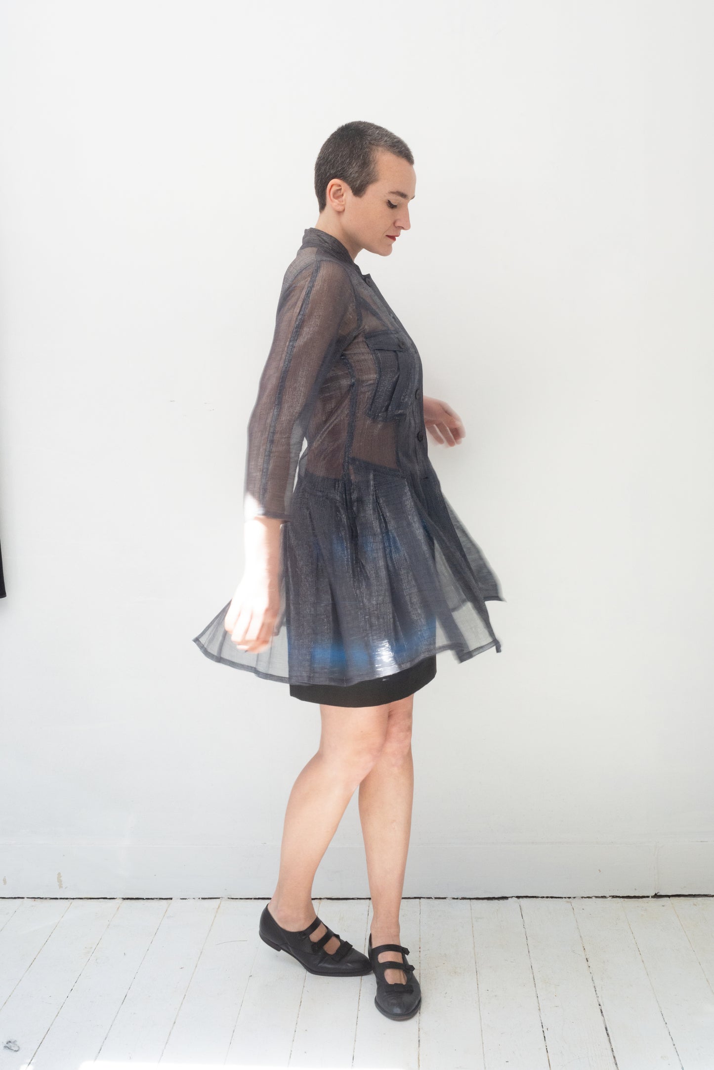 Jil Sander silver transparent button down tunic with pleated skirt