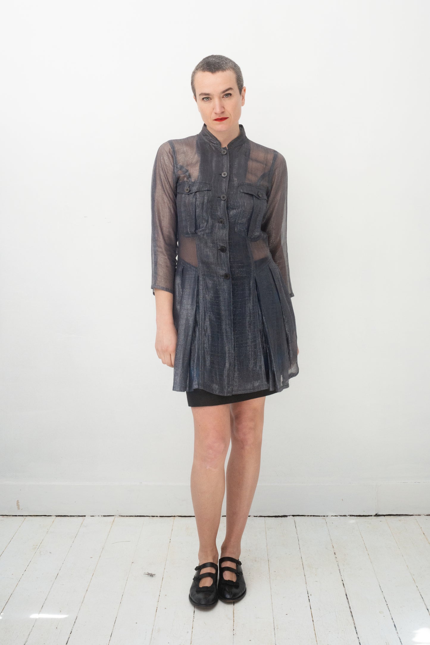Jil Sander silver transparent button down tunic with pleated skirt
