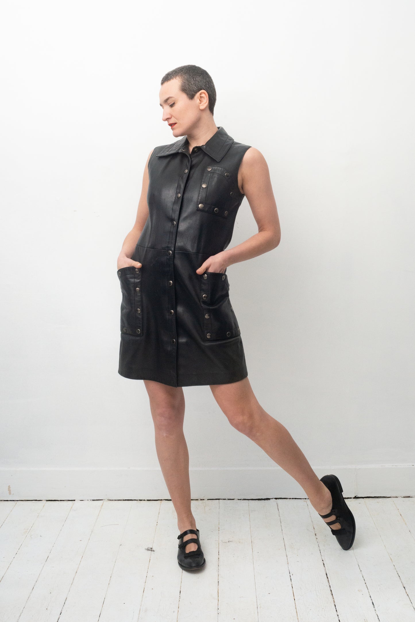 Pierre Cardin 60's leather dress / gilet with silver metal studs.