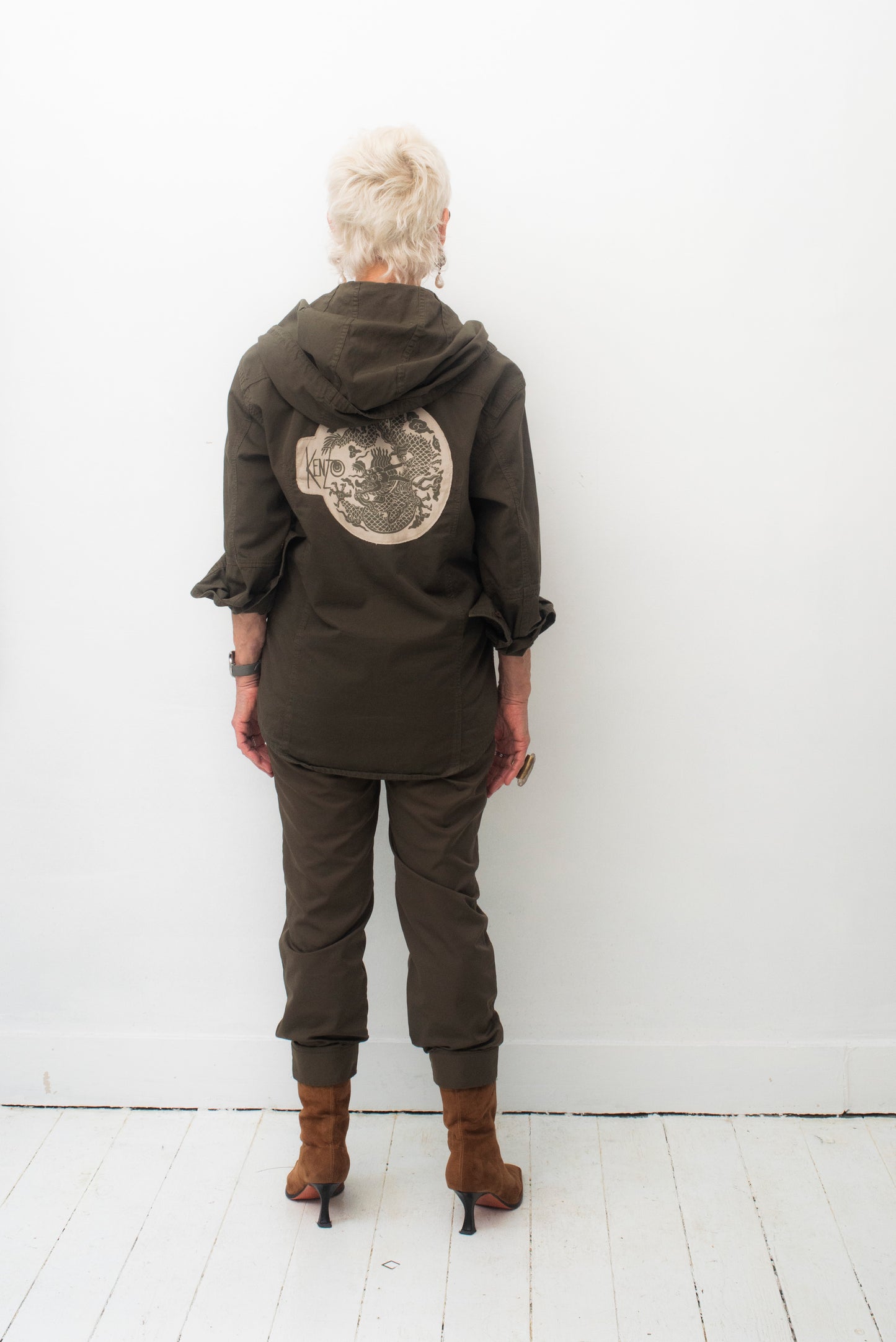 Kenzo 2000's men's khaki cotton shirt with hood and dragon patch in the back