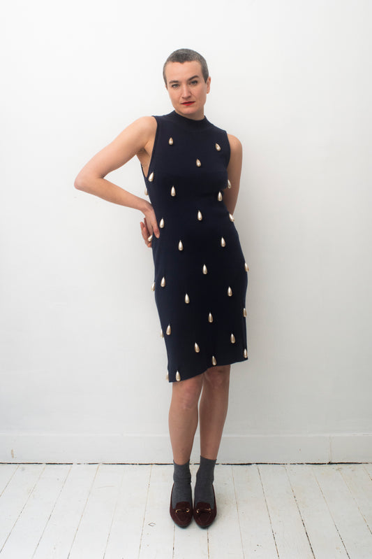 Angelo Tarlazzi 90's dark blue knit dress with drop pearls