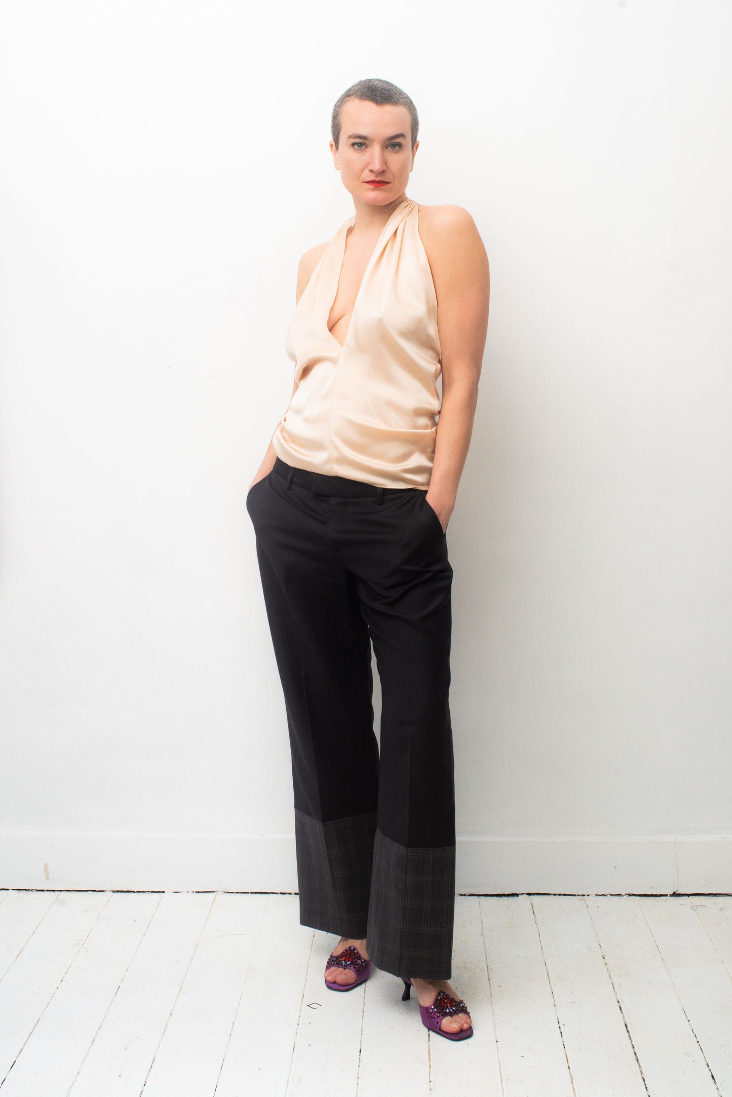Angelo Tarlazzi 90's silk pearl low cut open back halter top.