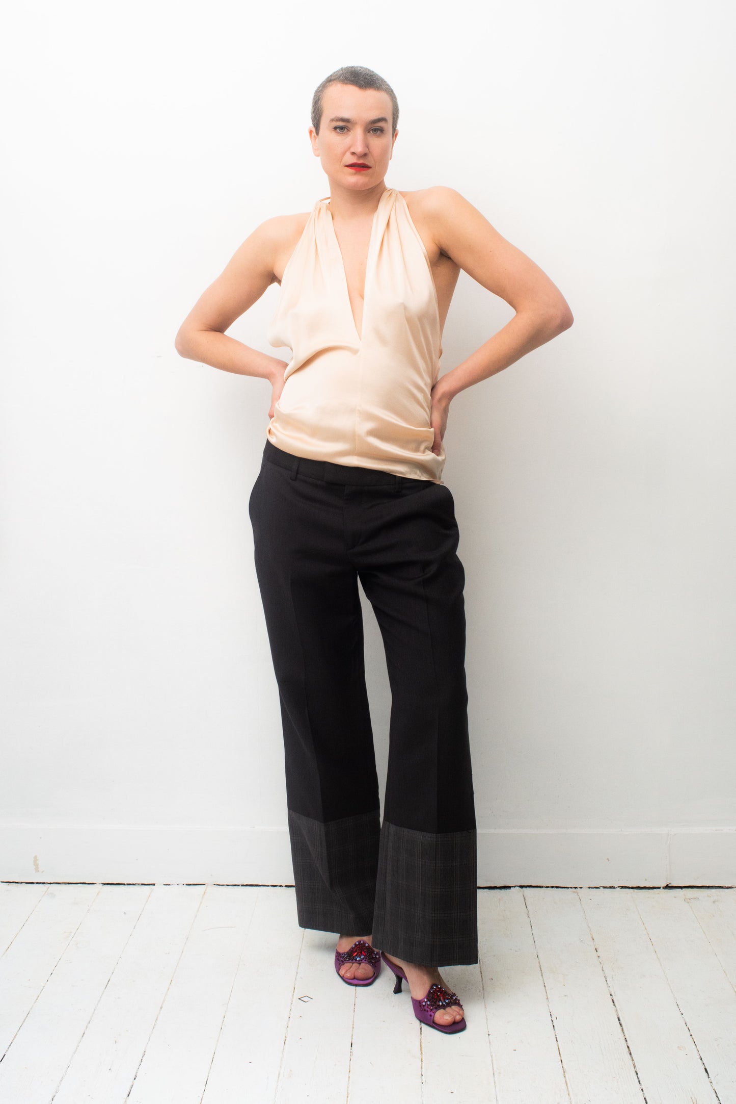 Angelo Tarlazzi 90's silk pearl low cut open back halter top.
