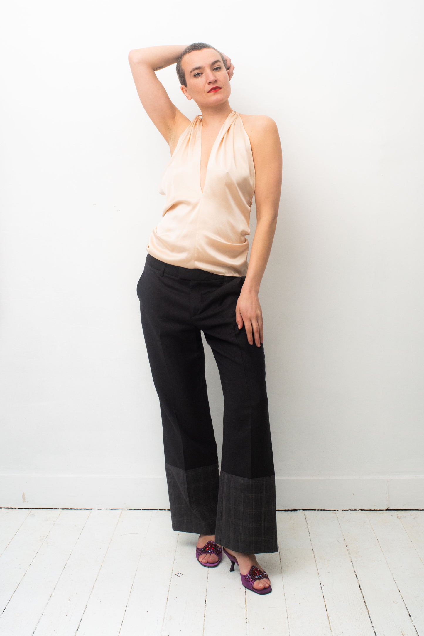 Angelo Tarlazzi 90's silk pearl low cut open back halter top.