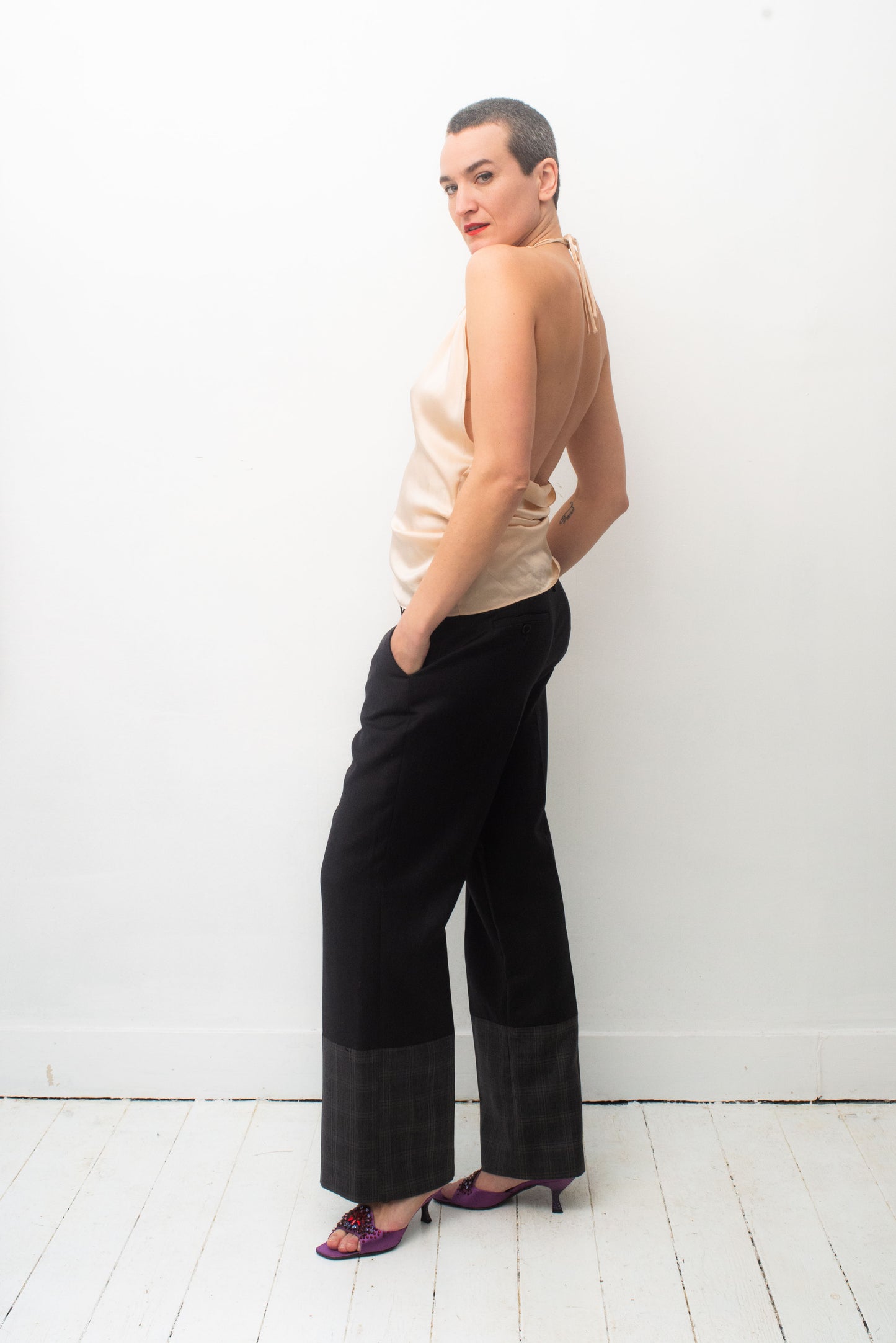 Angelo Tarlazzi 90's silk pearl low cut open back halter top.
