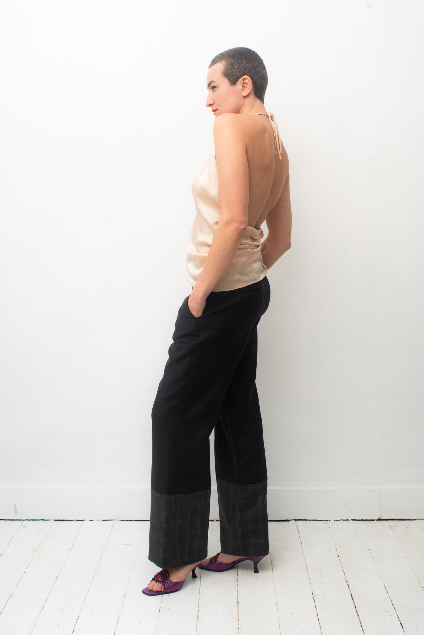 Angelo Tarlazzi 90's silk pearl low cut open back halter top.