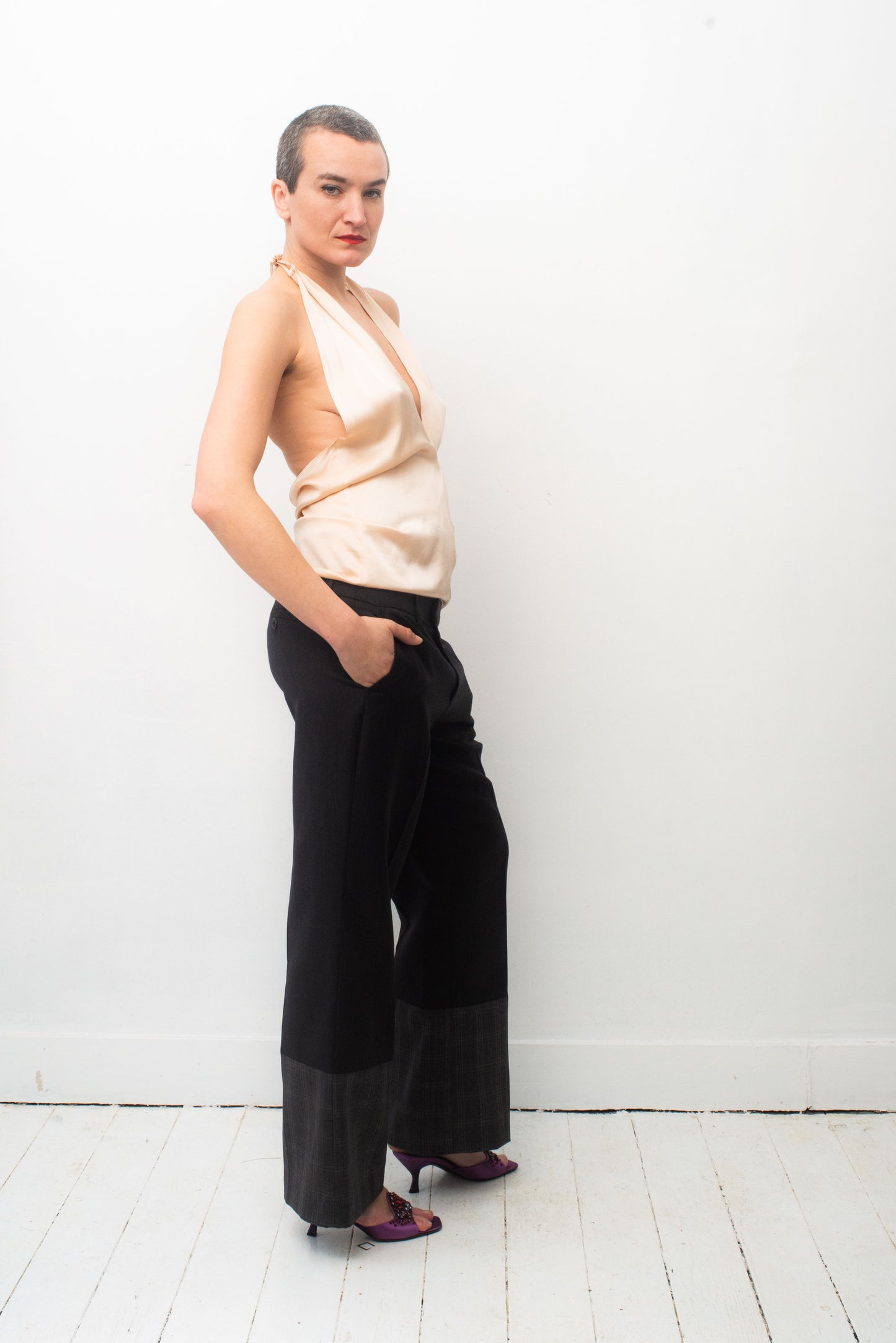 Angelo Tarlazzi 90's silk pearl low cut open back halter top.