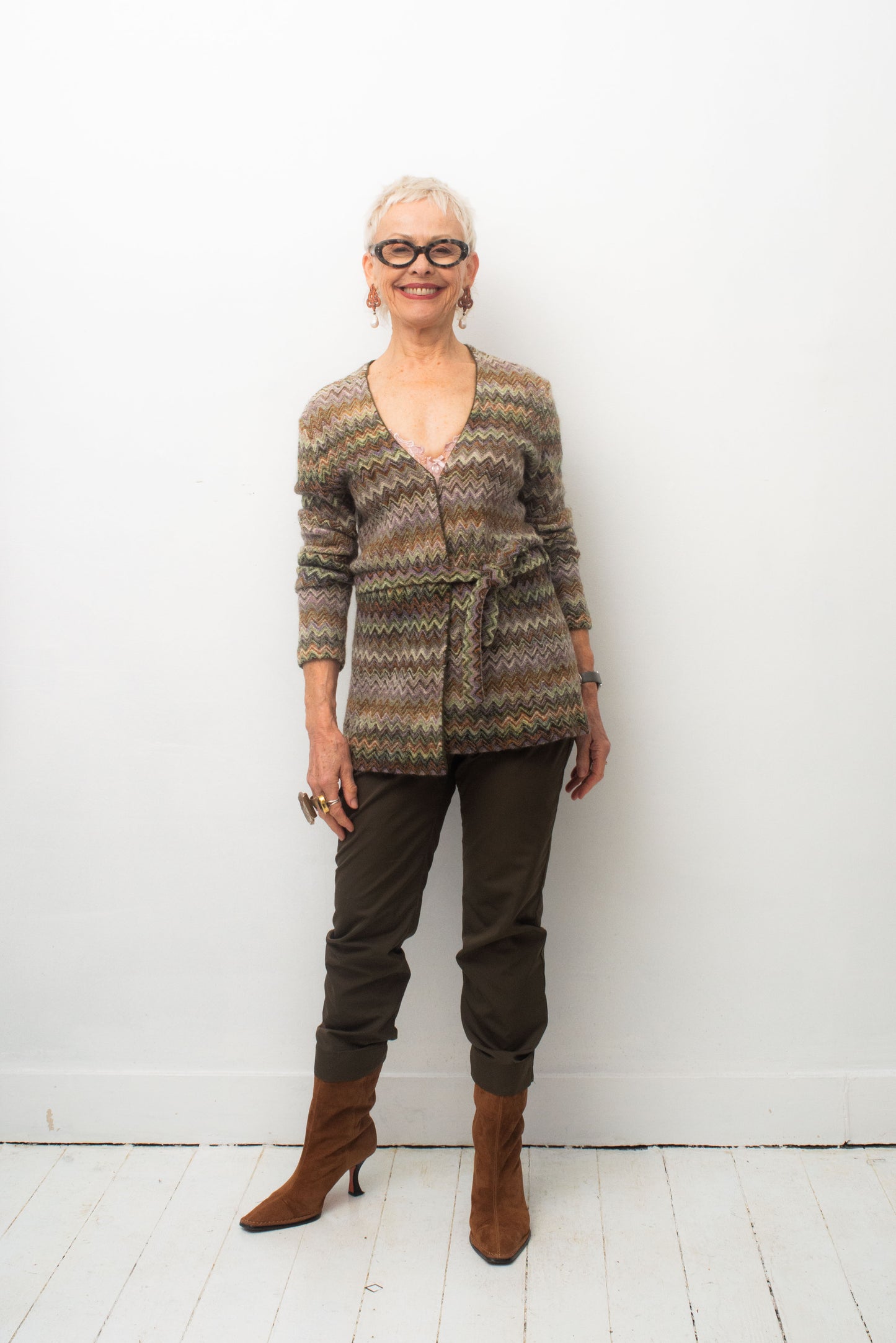 Missoni 90's knit green and purple zigzag wrap cardigan with belt