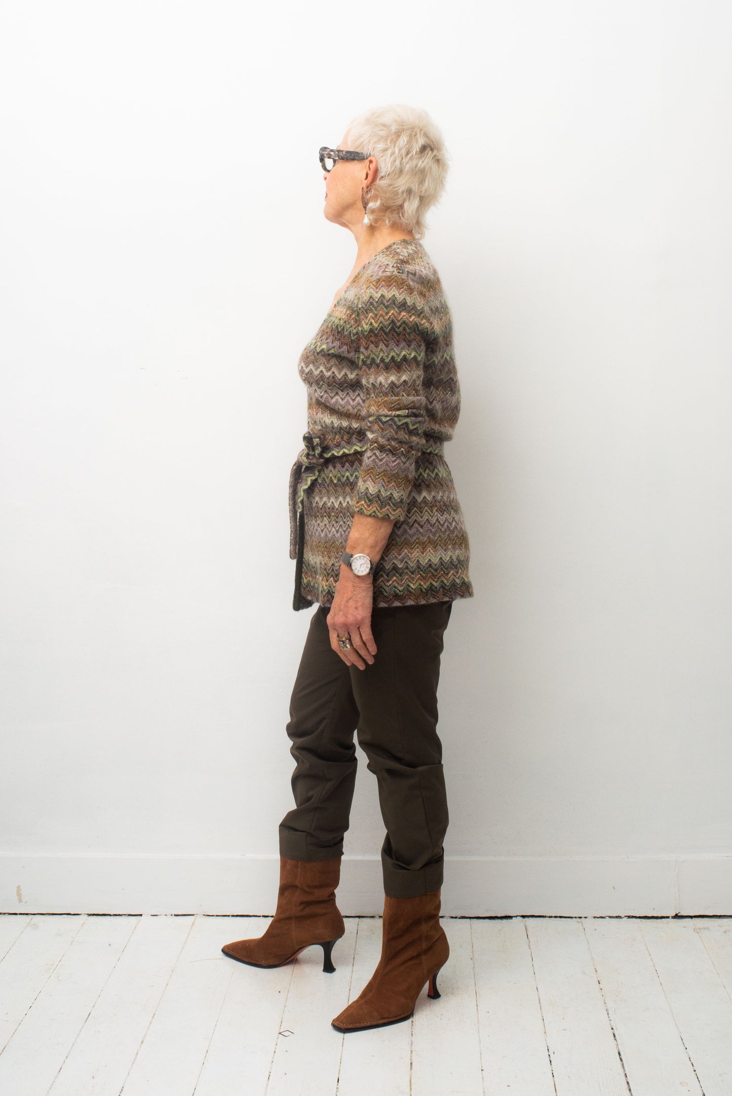 Missoni 90's knit green and purple zigzag wrap cardigan with belt