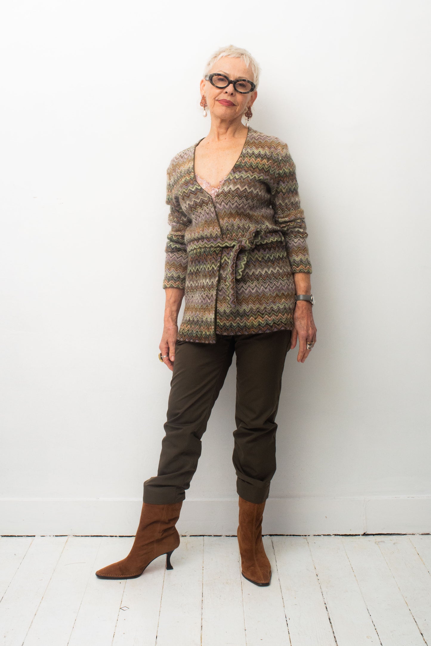 Missoni 90's knit green and purple zigzag wrap cardigan with belt