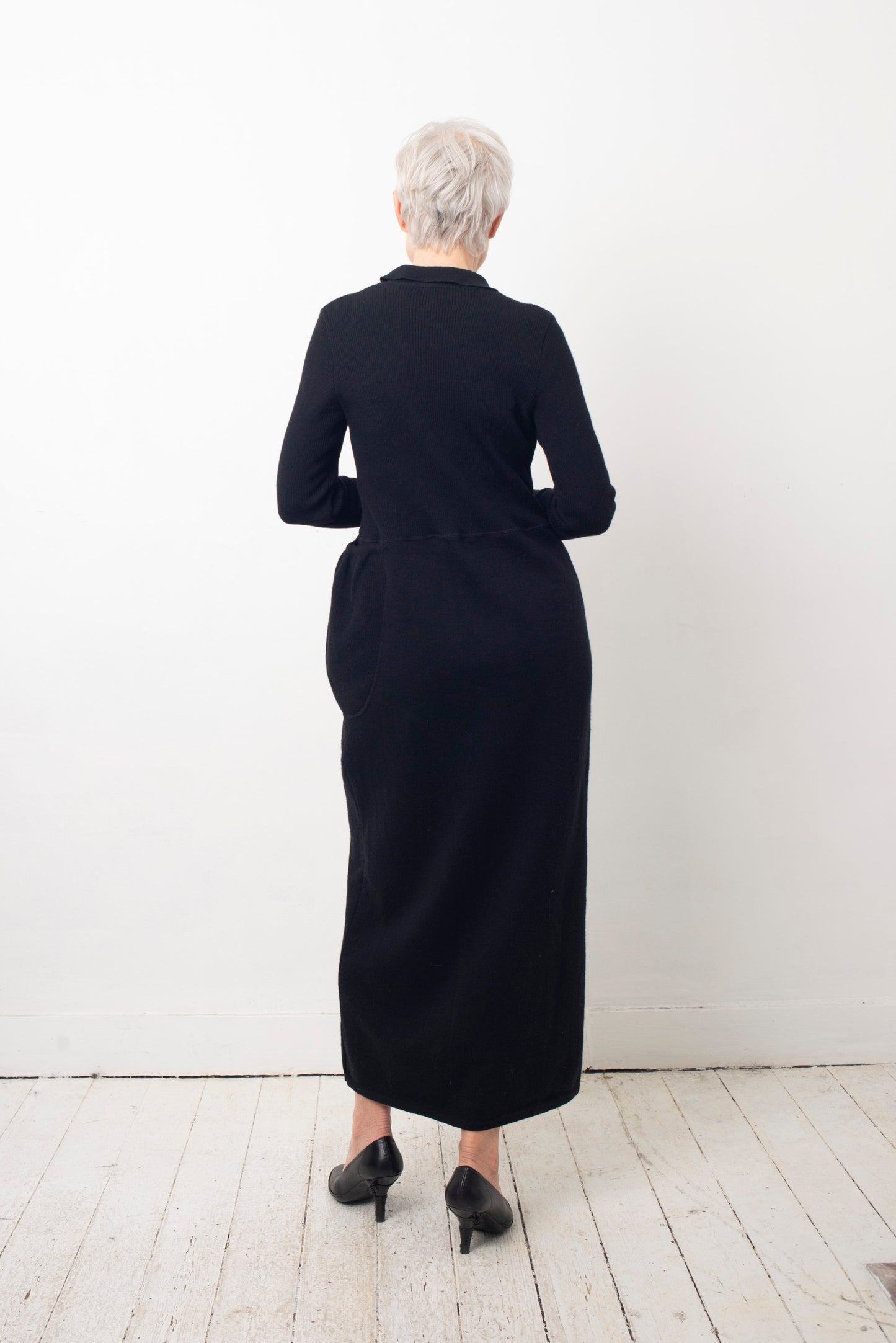 Helena van Haeren 2000's black ribbed wool maxi dress with large pocket detail