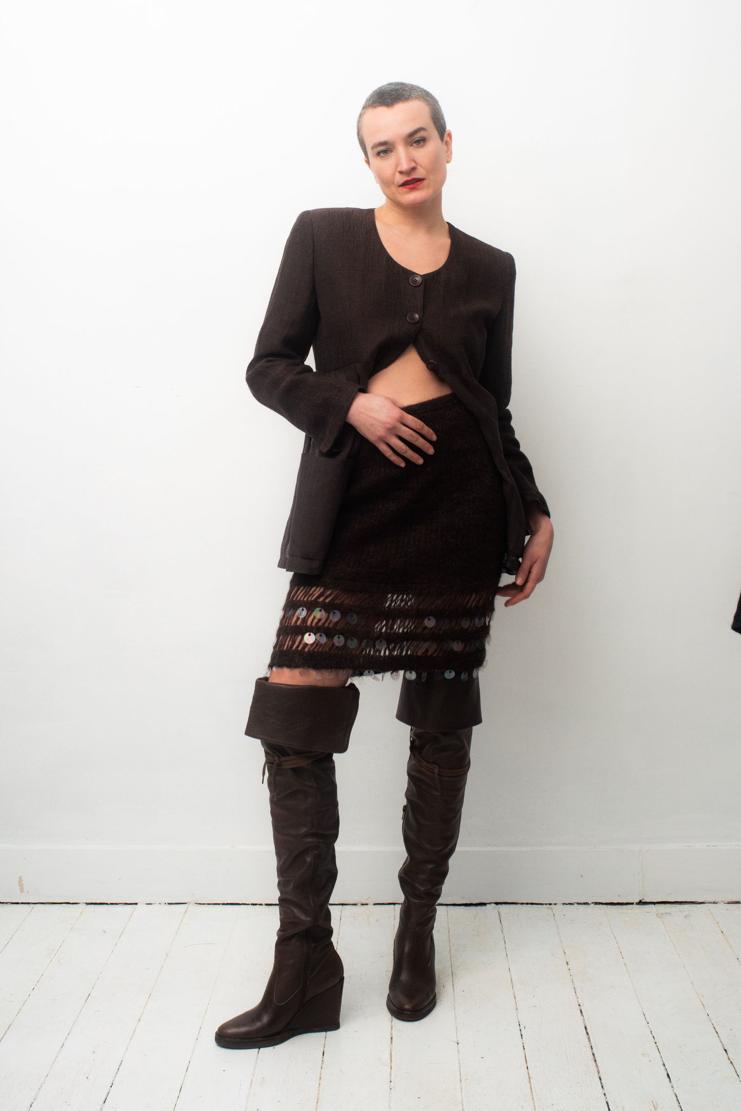 Christian Lacroix Bazar 90's brown wool knit skirt with sequins