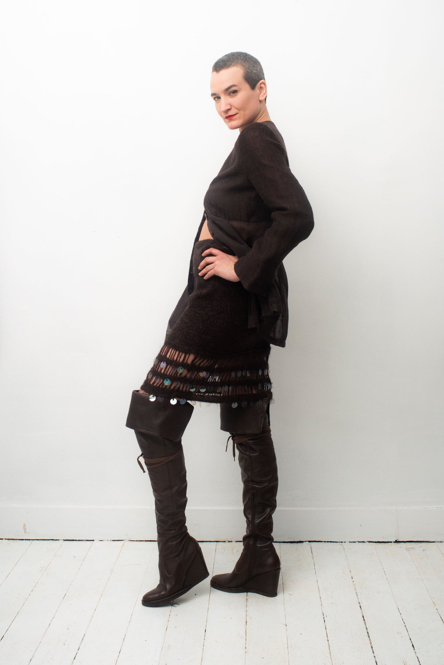 Christian Lacroix Bazar 90's brown wool knit skirt with sequins