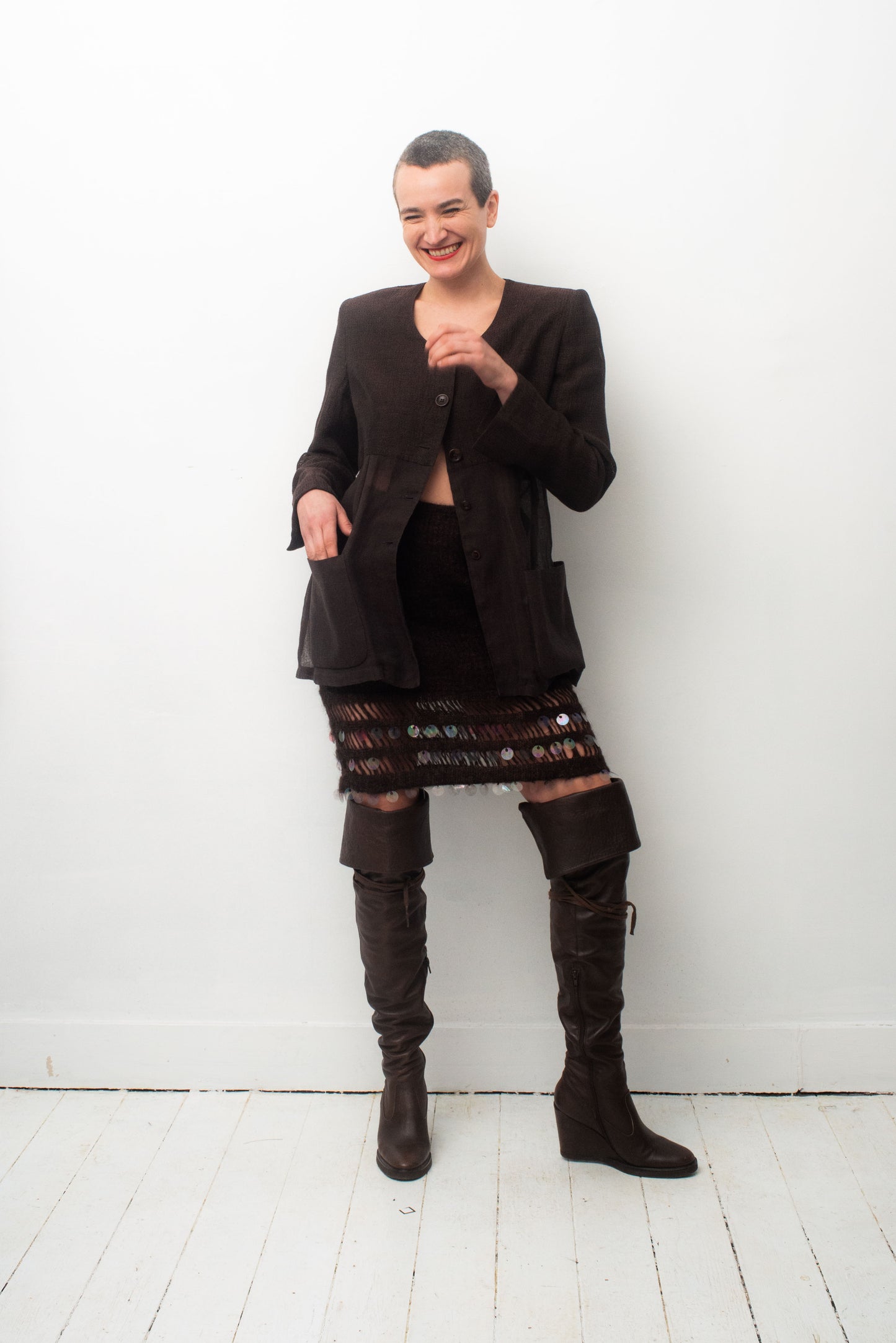 Christian Lacroix Bazar 90's brown wool knit skirt with sequins