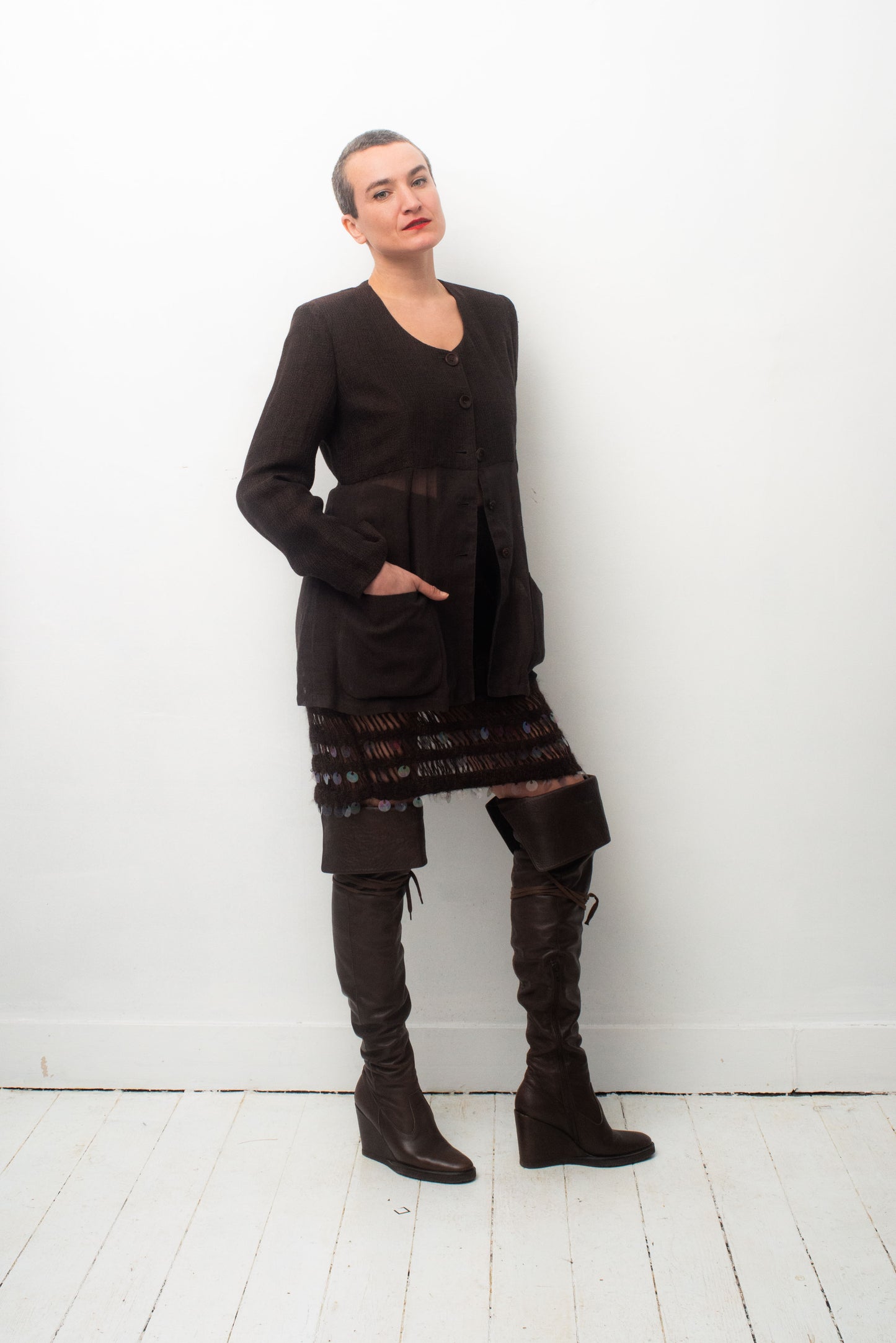 Moschino Cheap & Chic 90's brown linnen jacket with transparency