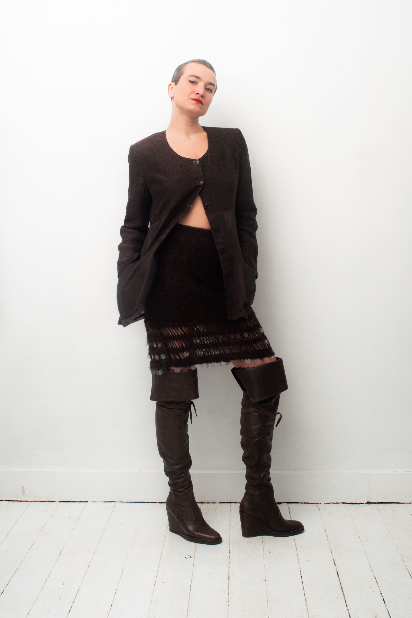 Christian Lacroix Bazar 90's brown wool knit skirt with sequins