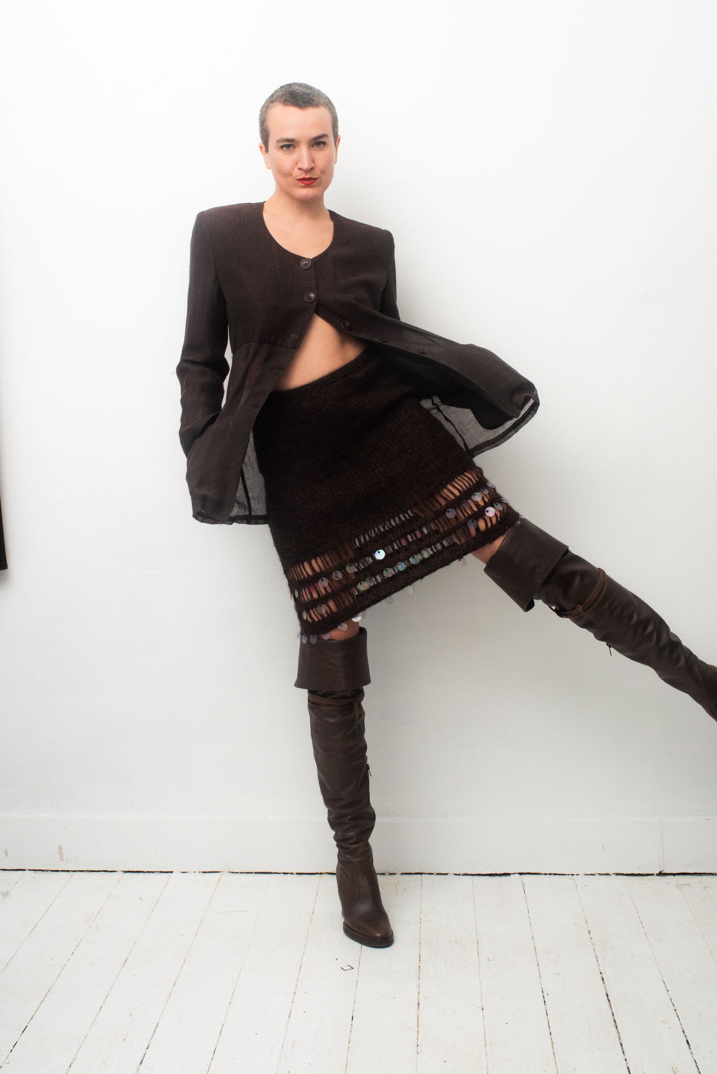Christian Lacroix Bazar 90's brown wool knit skirt with sequins