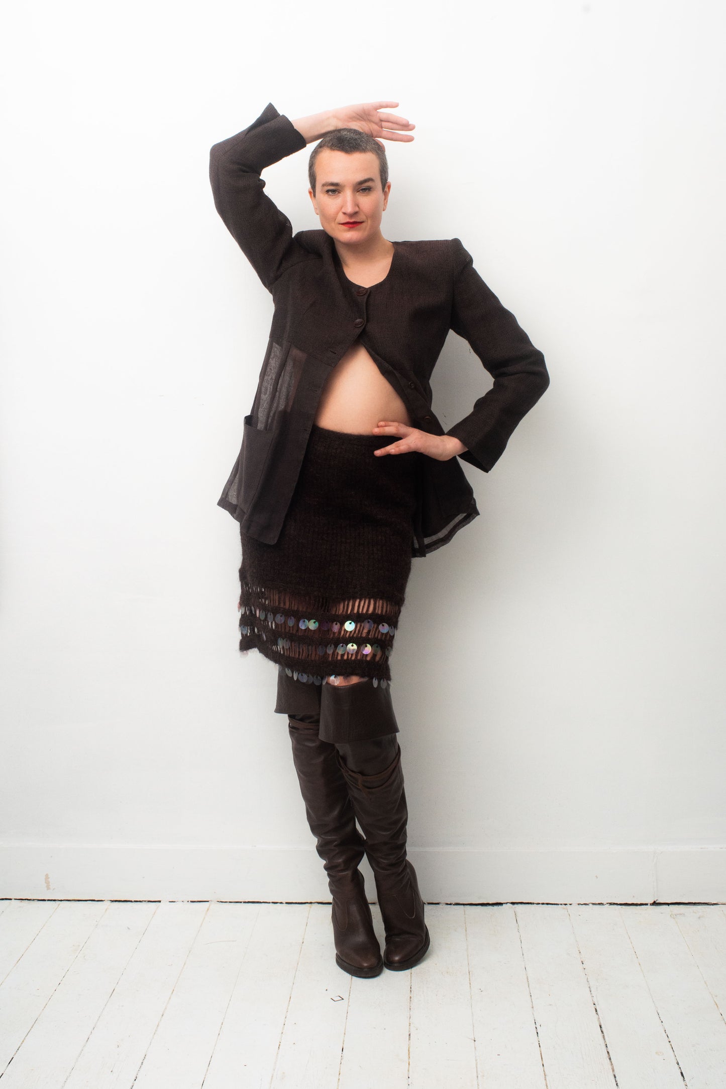 Christian Lacroix Bazar 90's brown wool knit skirt with sequins