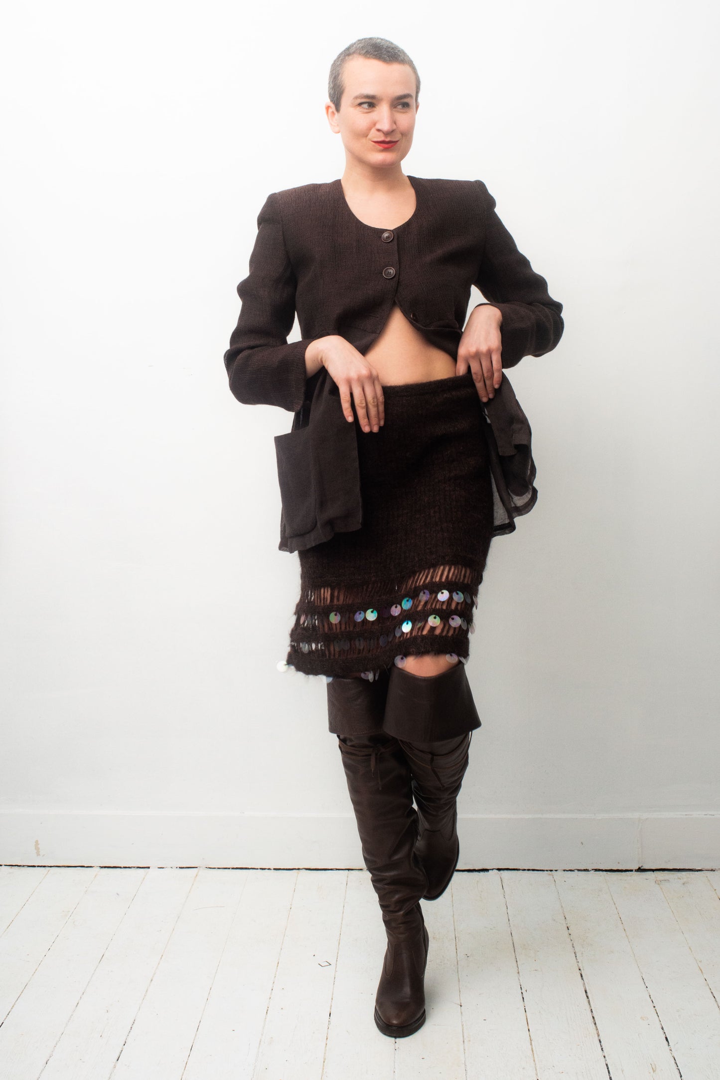 Christian Lacroix Bazar 90's brown wool knit skirt with sequins