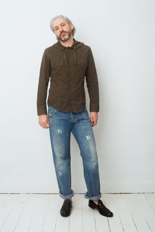 Kenzo 2000's men's khaki cotton shirt with hood and dragon patch in the back