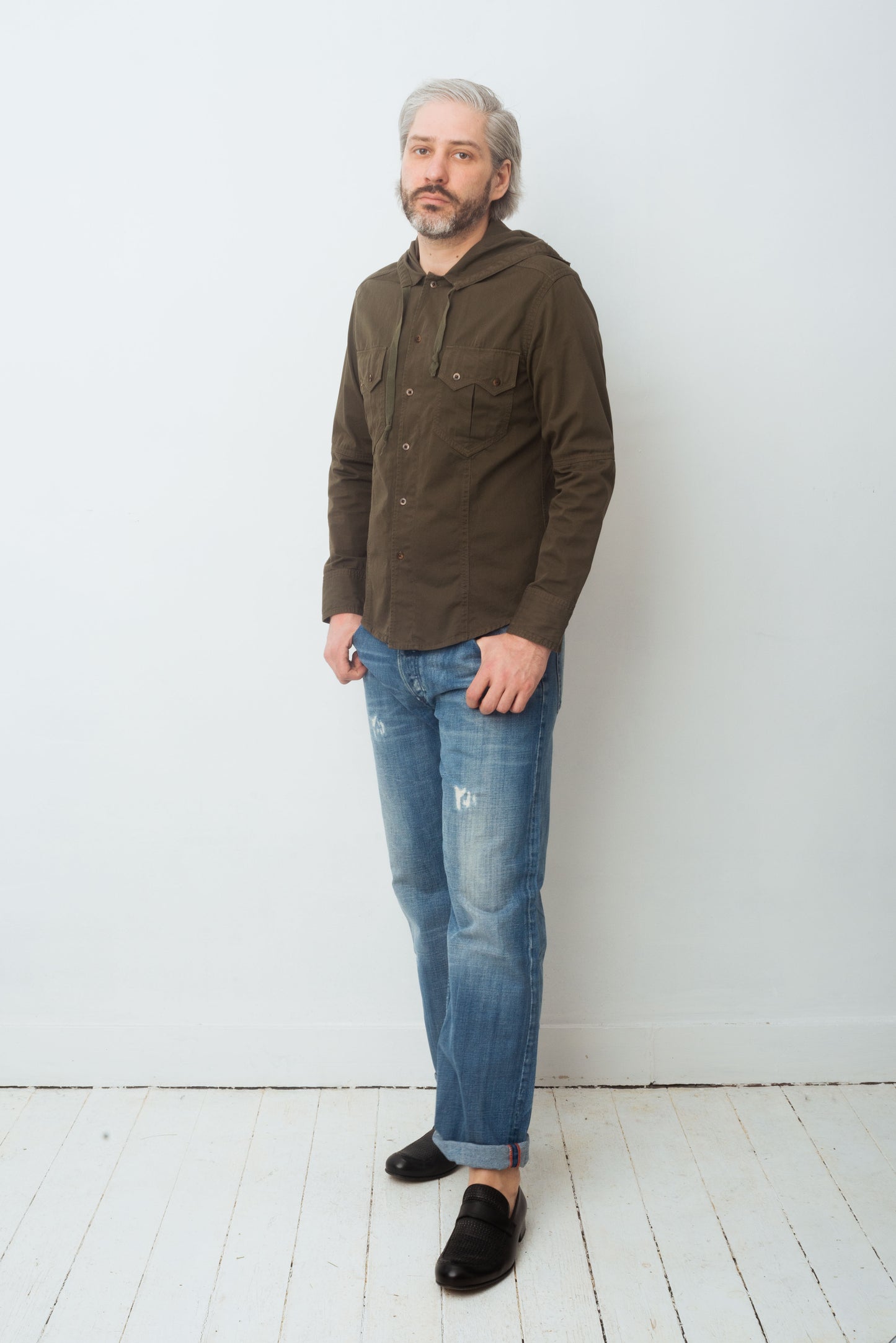 Kenzo 2000's men's khaki cotton shirt with hood and dragon patch in the back