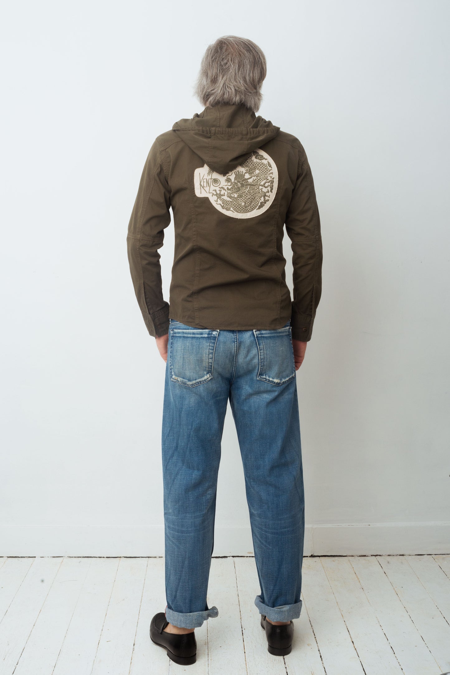 Kenzo 2000's men's khaki cotton shirt with hood and dragon patch in the back