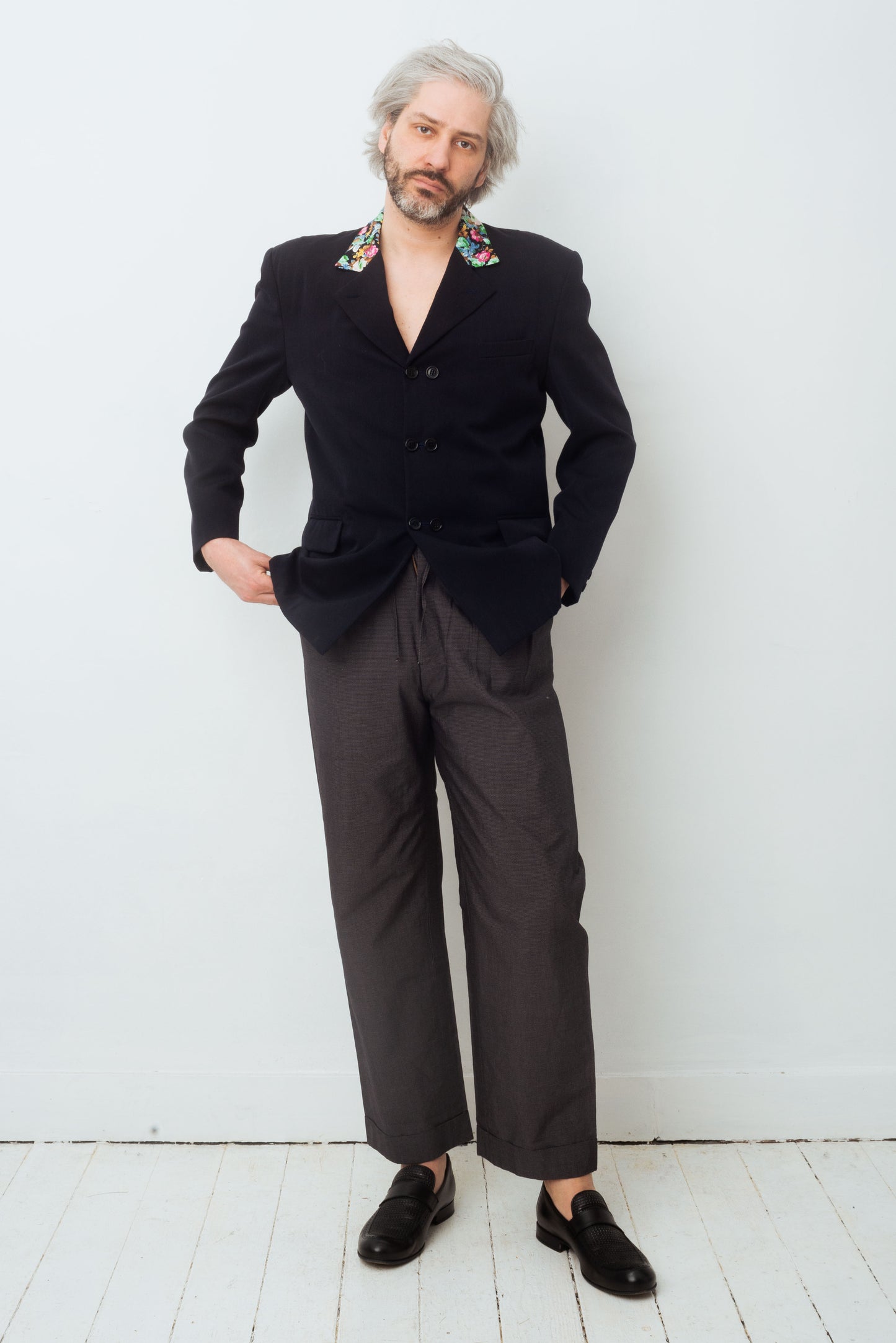 Comme des Garçons Homme plus FW 1988 blue light wool blazer with flower collar