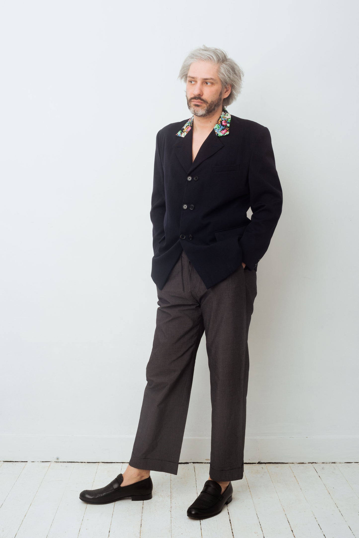 Comme des Garçons Homme plus FW 1988 blue light wool blazer with flower collar
