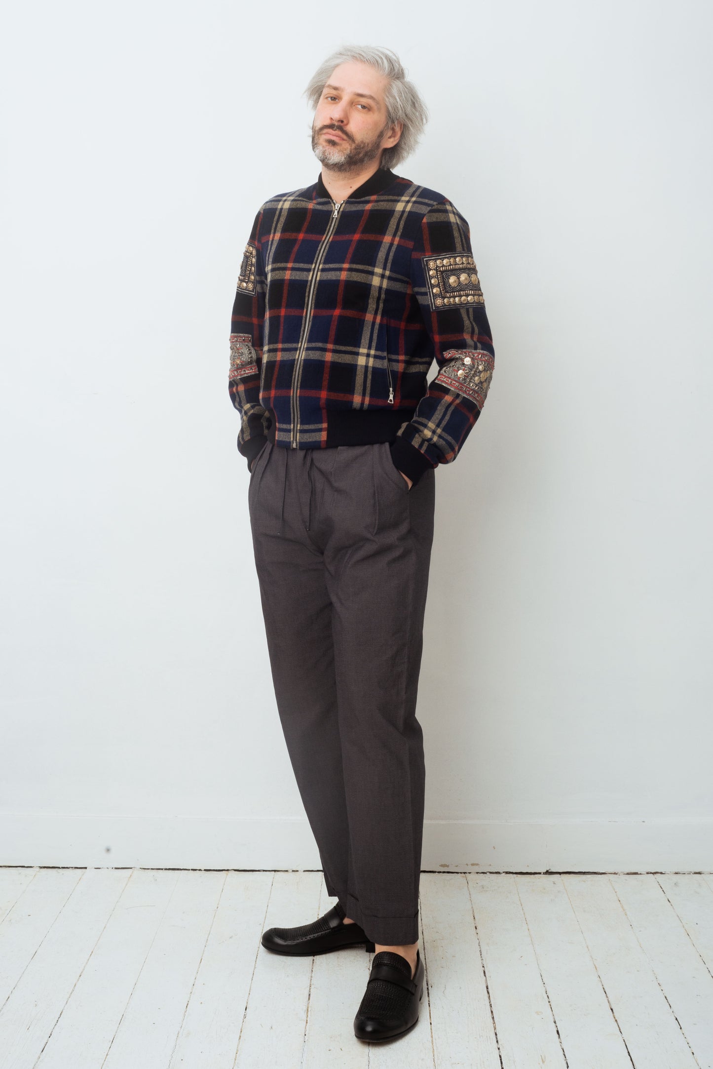 Dries van Noten FW 2015 reversible tartan wool bomber jacket with golden ornaments
