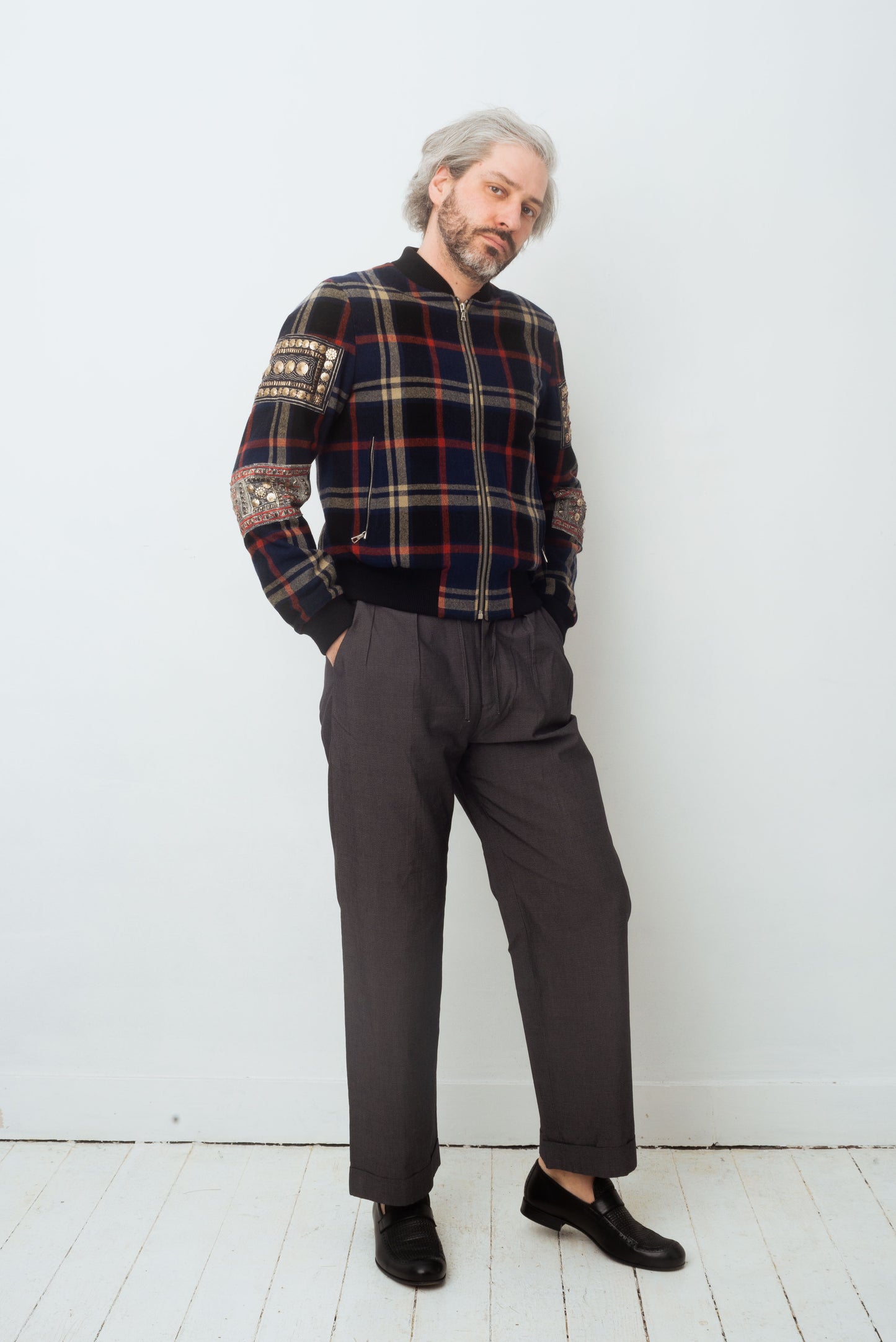 Dries van Noten FW 2015 reversible tartan wool bomber jacket with golden ornaments