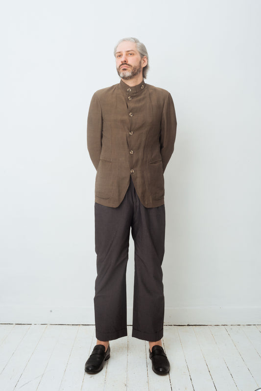 Armani 90's khaki brown linen jacket with mao collar