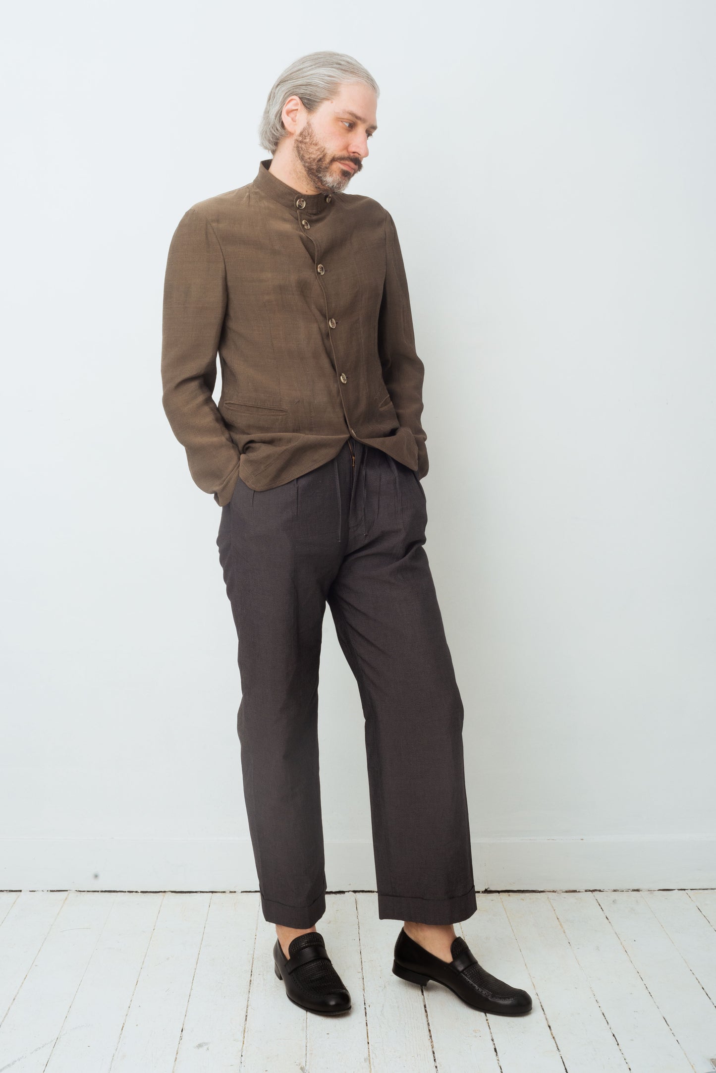 Armani 90's khaki brown linen jacket with mao collar