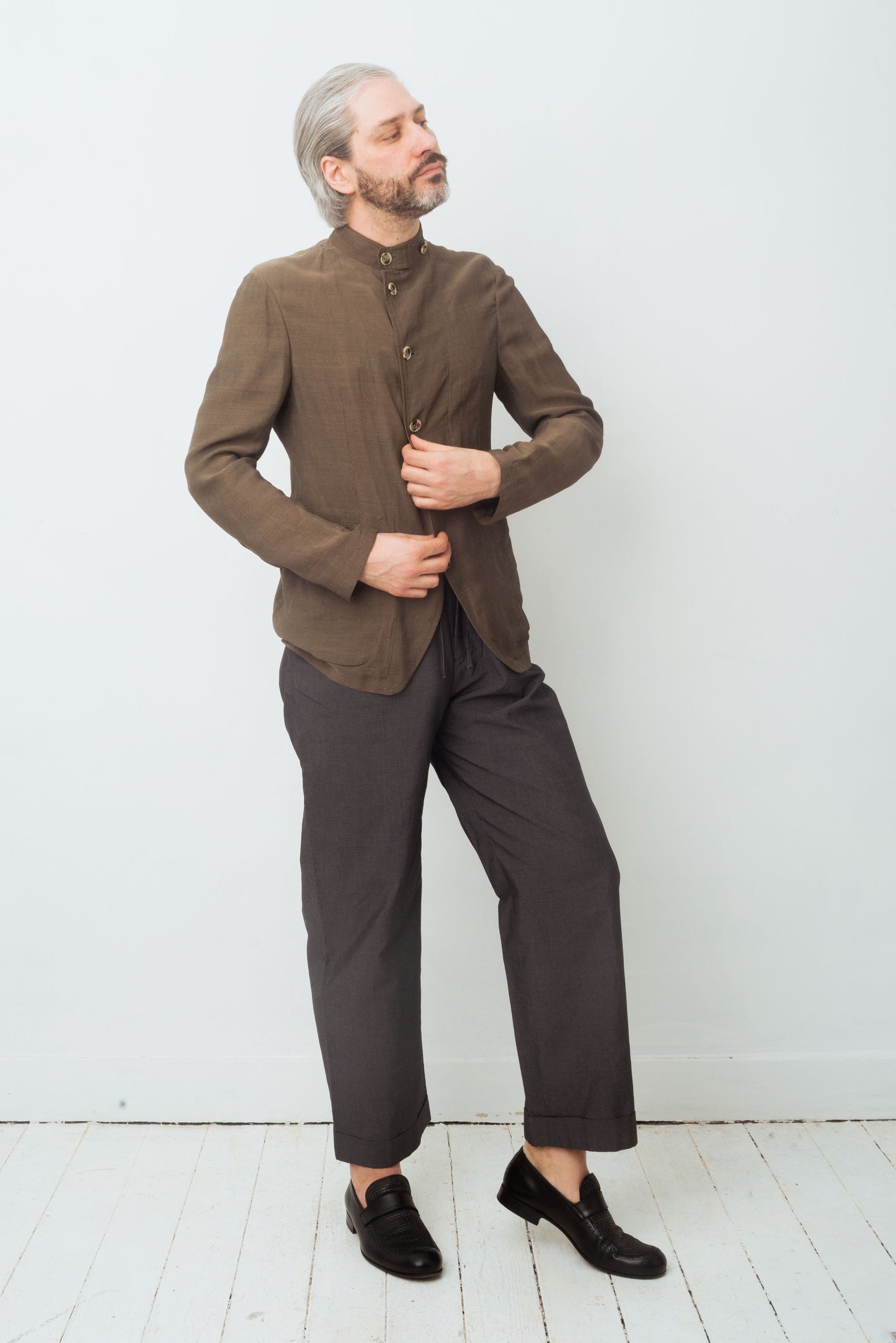 Armani 90's khaki brown linen jacket with mao collar