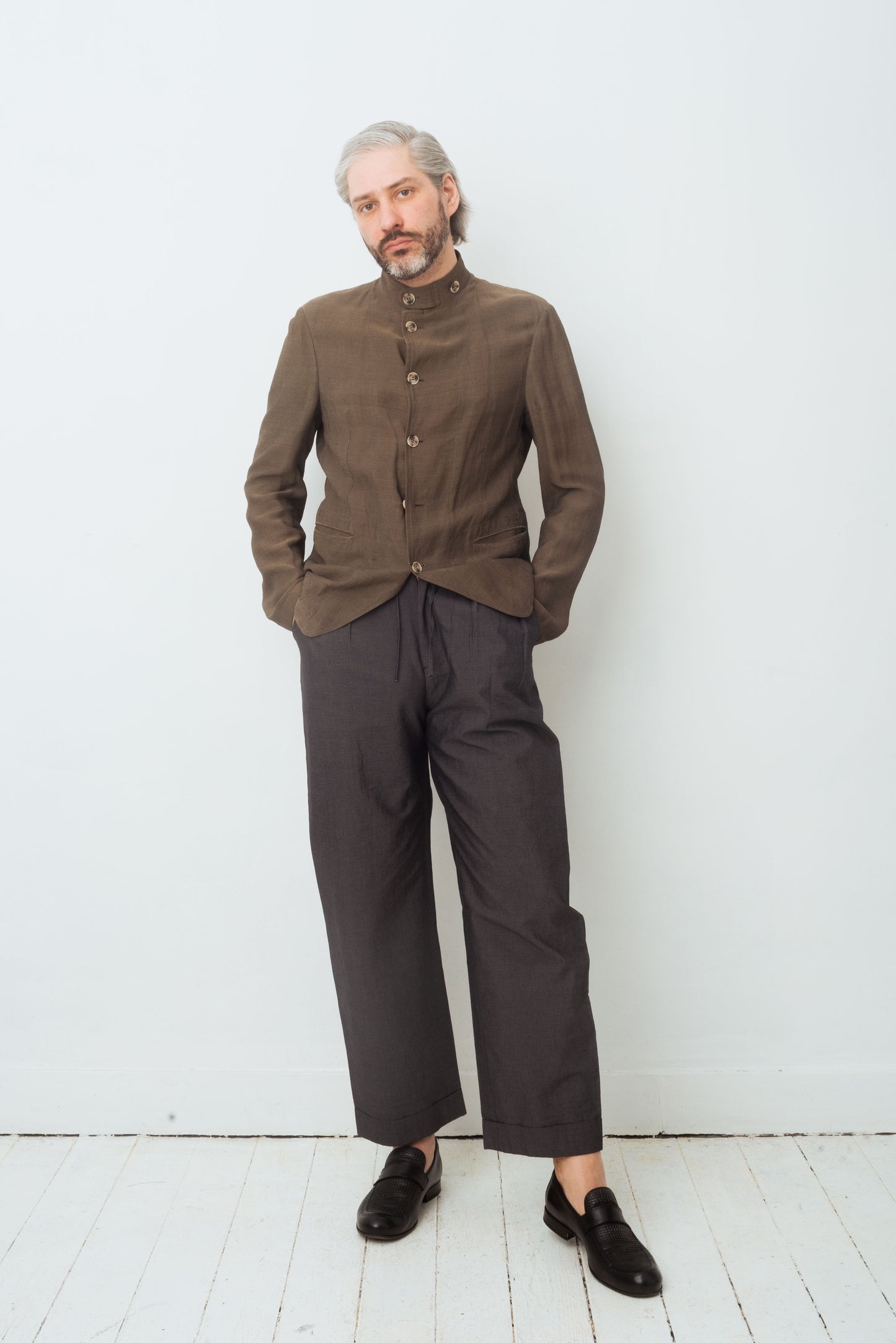 Armani 90's khaki brown linen jacket with mao collar