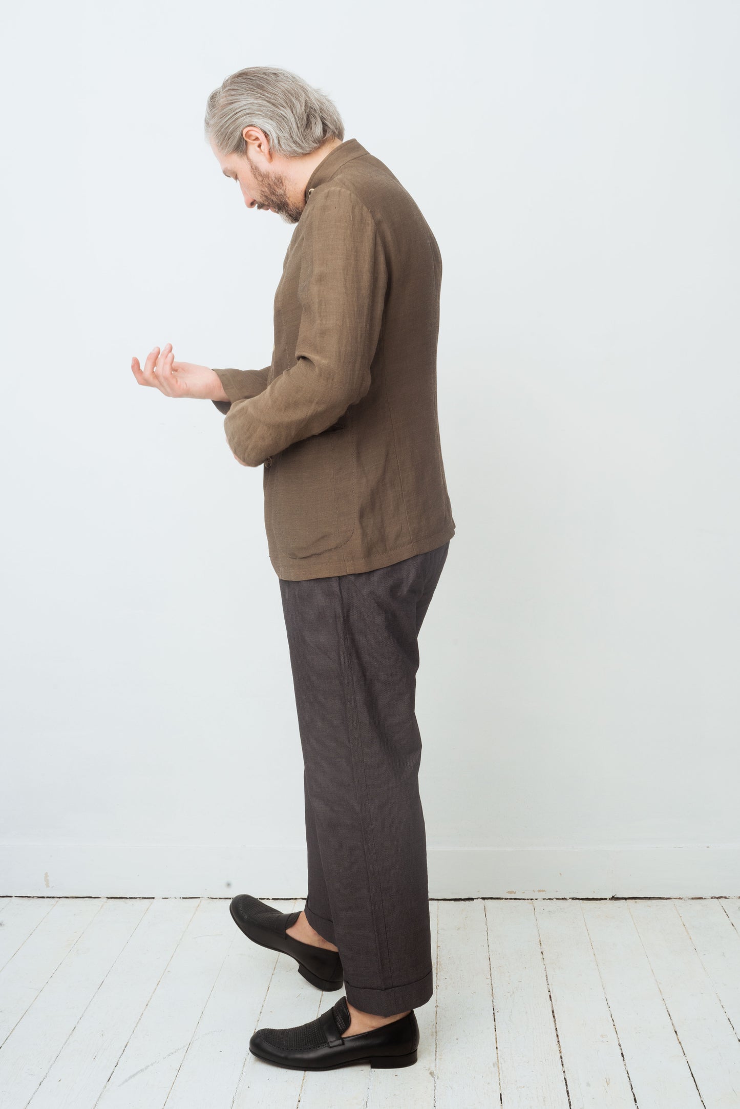 Armani 90's khaki brown linen jacket with mao collar