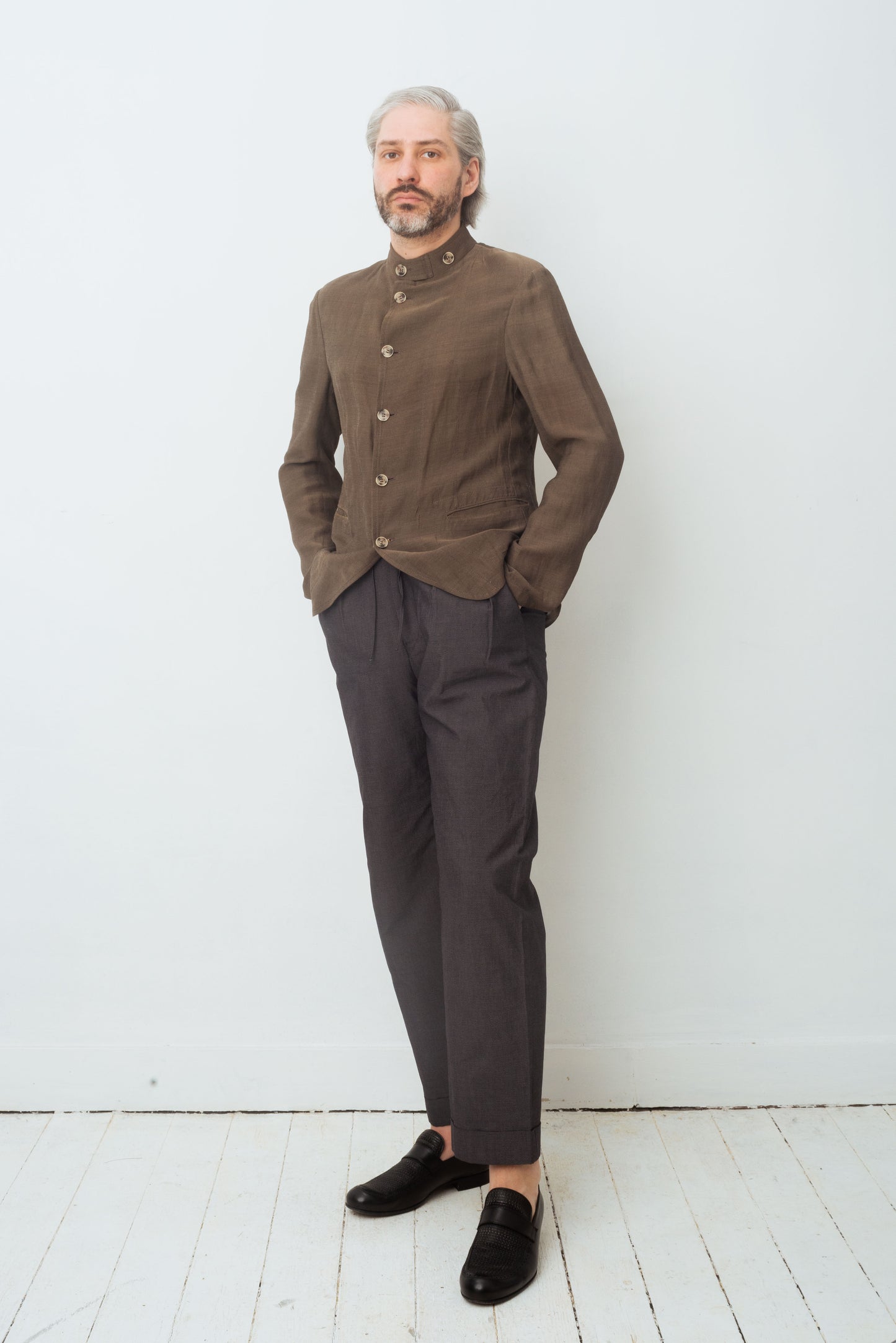 Armani 90's khaki brown linen jacket with mao collar