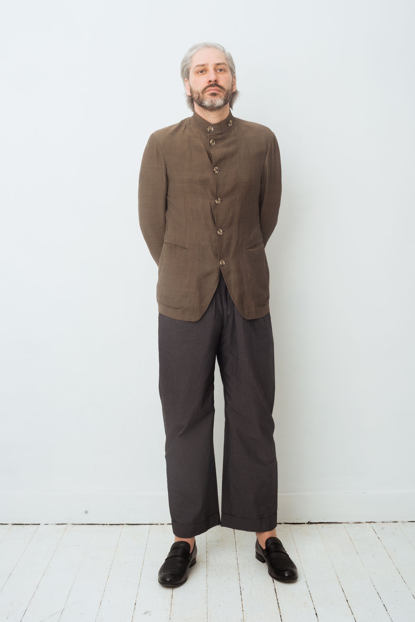 Armani 90's khaki brown linen jacket with mao collar