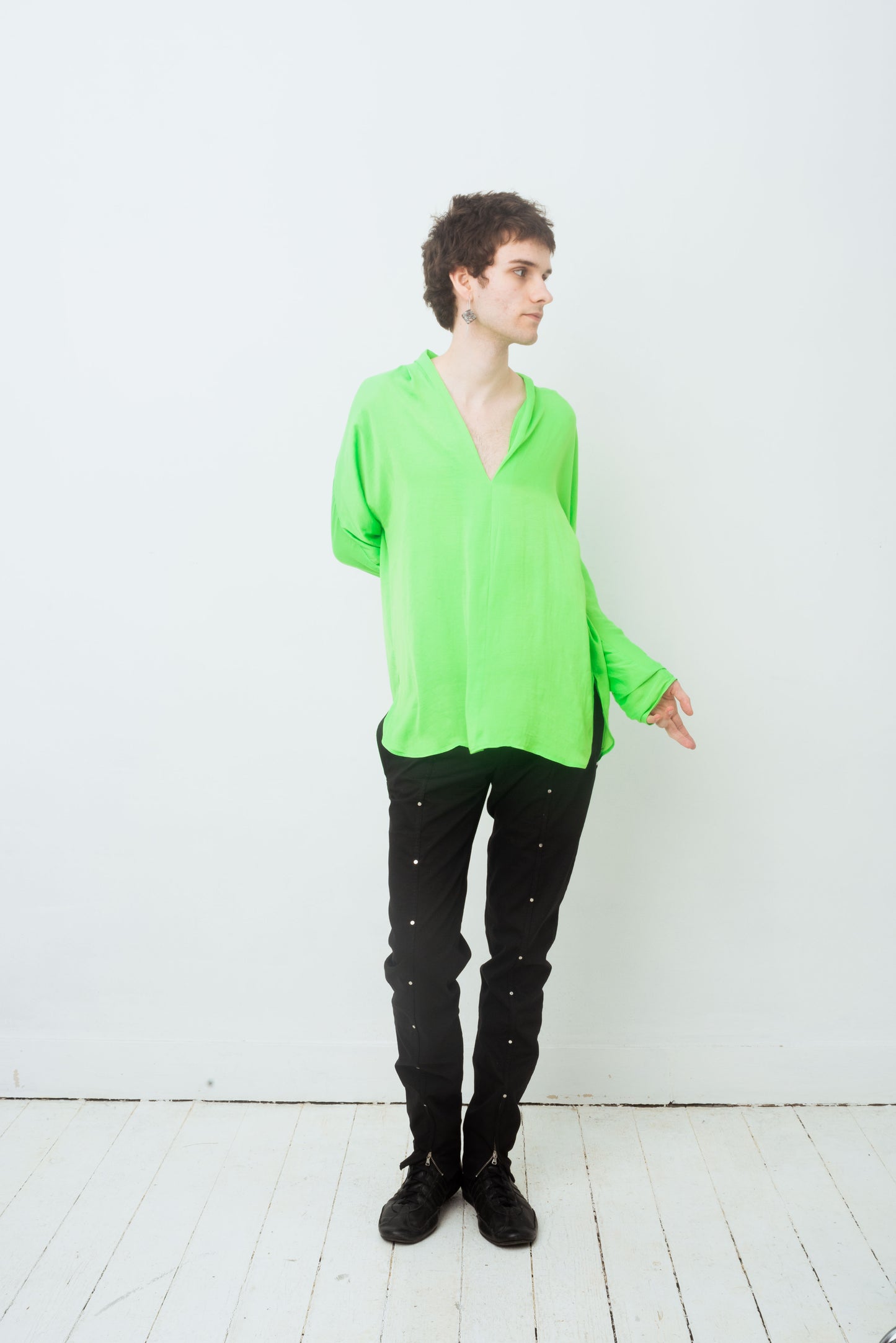 Ralph Lauren 2000's silk neon green loose long sleeve shirt